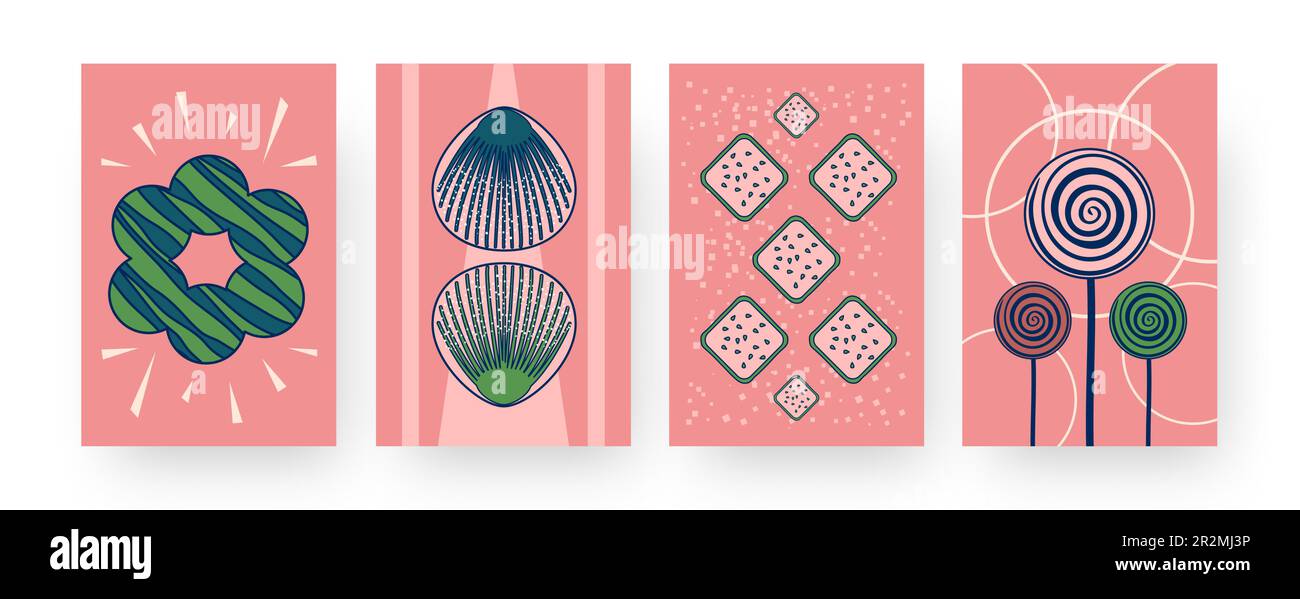 Ein Satz zeitgenössischer Kunstposter mit lustigen abstrakten Keksen Stock Vektor