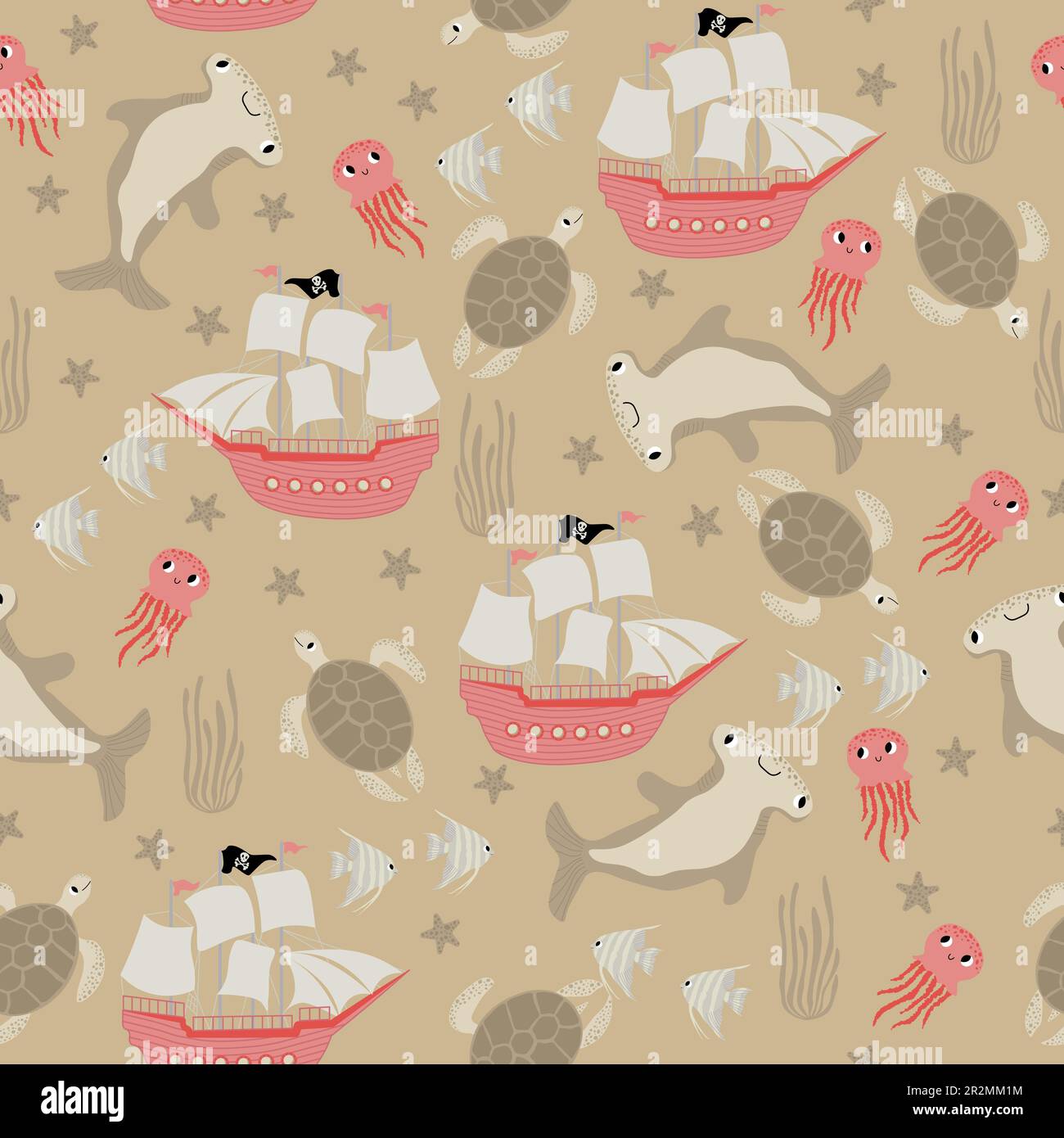 Vektormuster mit Hammerhain, Schildkröte, Seesternen, Quallen. Unterwasser-Cartoon-Kreaturen. Meereshintergrund. Süßes Meeresmuster für Stock Vektor