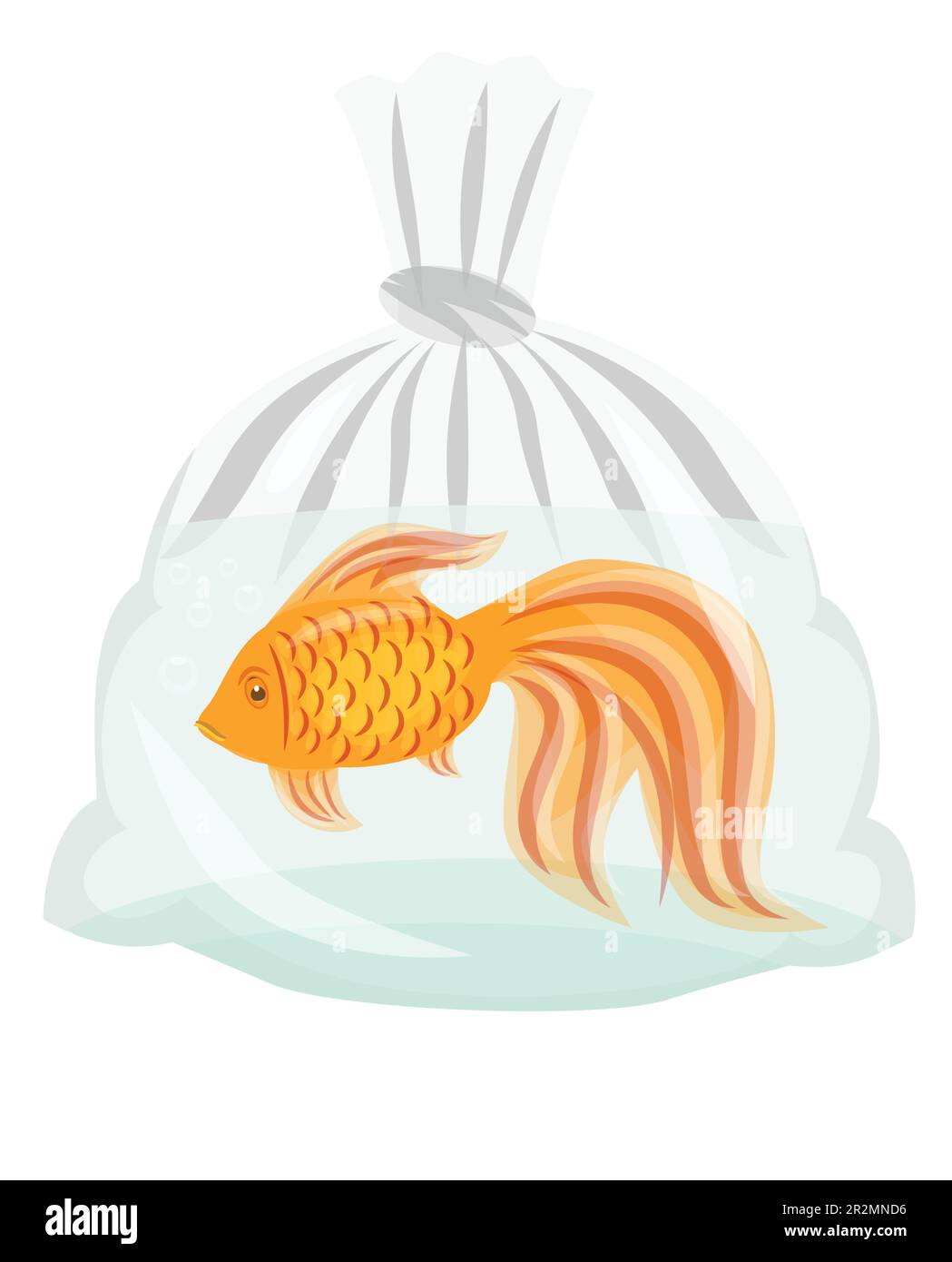 Trauriger Goldfisch in einem durchsichtigen Beutel isoliert auf weißem Hintergrund Stock Vektor