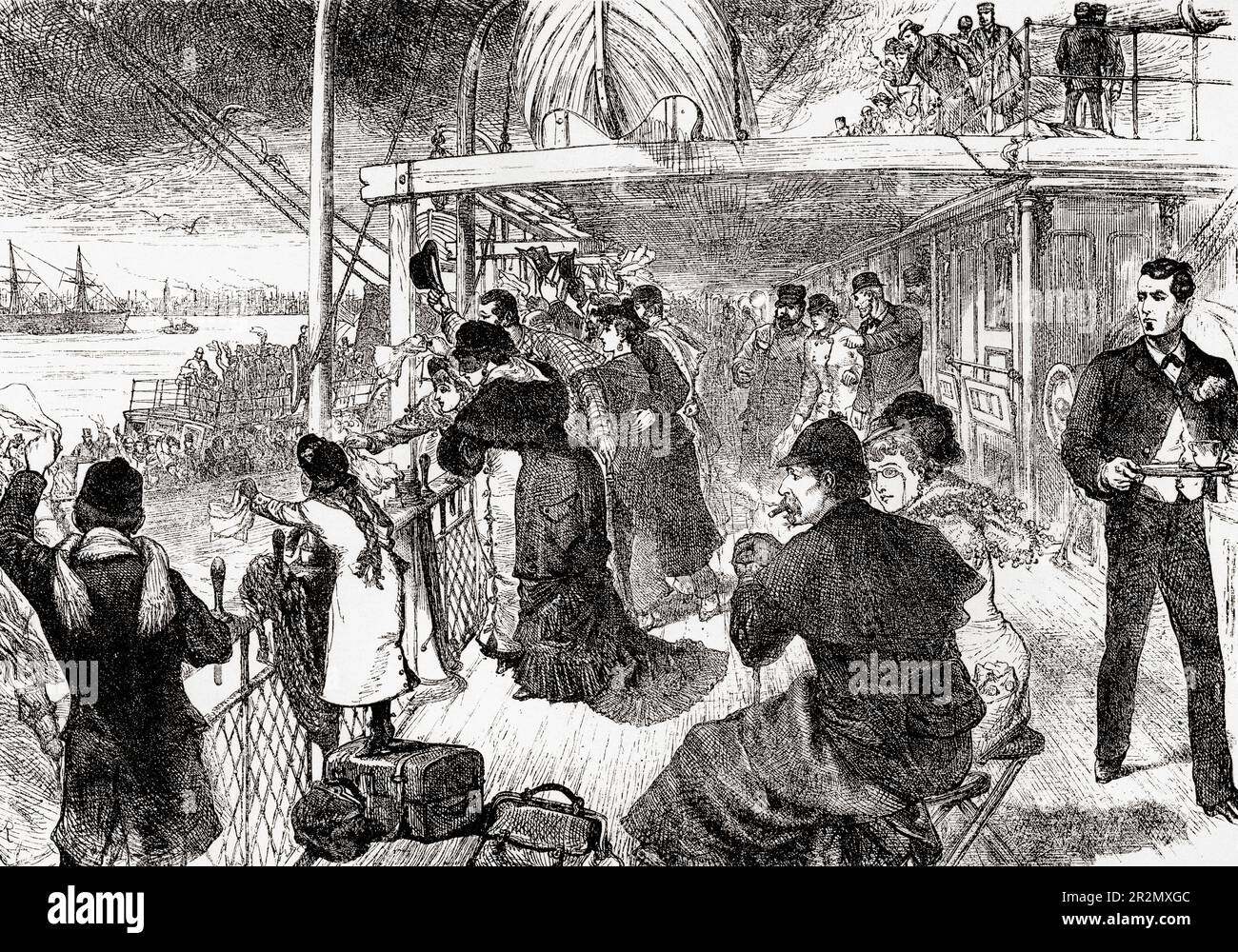 Das Dampfschiff Scythia der Cunard Company verlässt die Mersey nach New York. From America Revisited: From the Bay of New York to the Gulf of Mexico, veröffentlicht 1886. Stockfoto