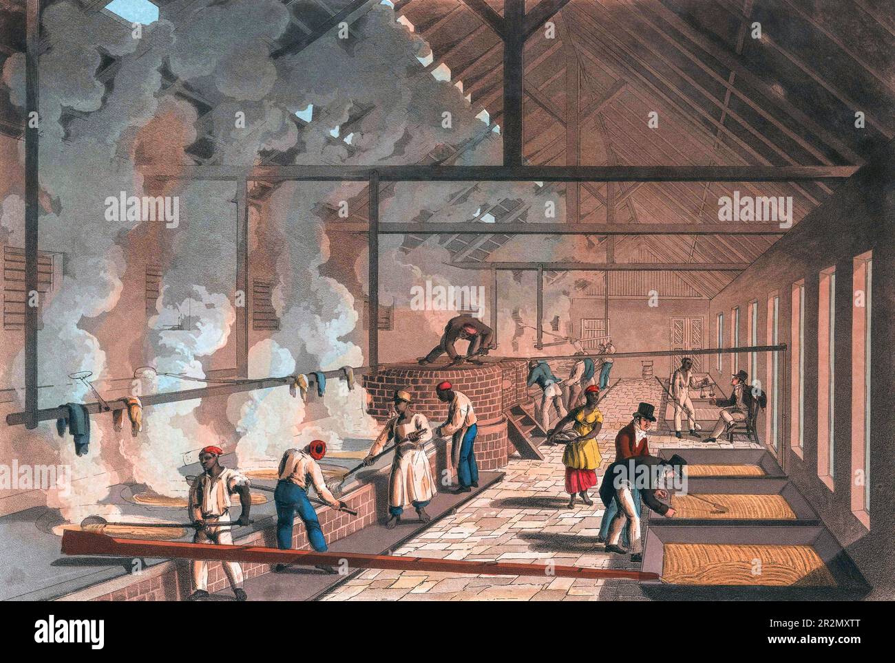 Verdampfung von Zuckerrohrsaft in Kristalle durch Sklavenarbeiter in Antigua. Nach einer Illustration in William Clarks zehn Ansichten der Insel Antigua, veröffentlicht 1823. Stockfoto