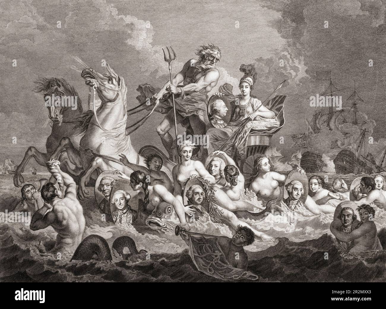 Der Triumph von Britannien. Eine Allegorie von Großbritanniens Marinesieg über die Franzosen in der Schlacht von Quiberon Bay am 20. November 1759 während des 7-jährigen Krieges. Die britische Flotte wurde von Sir Edward Hawke befehligt. Von einem Abdruck von Simon Francois Ravenet nach dem Gemälde von Francis Hayman. Stockfoto Der Triumph von Britannien. Eine Allegorie von Großbritanniens Marinesieg über die Franzosen in der Schlacht von Quiberon Bay am 20. November 1759 während des 7-jährigen Krieges. Die britische Flotte wurde von Sir Edward Hawke befehligt. Von einem Abdruck von Simon Francois Ravenet nach dem Gemälde von Francis Hayman. Stockfoto