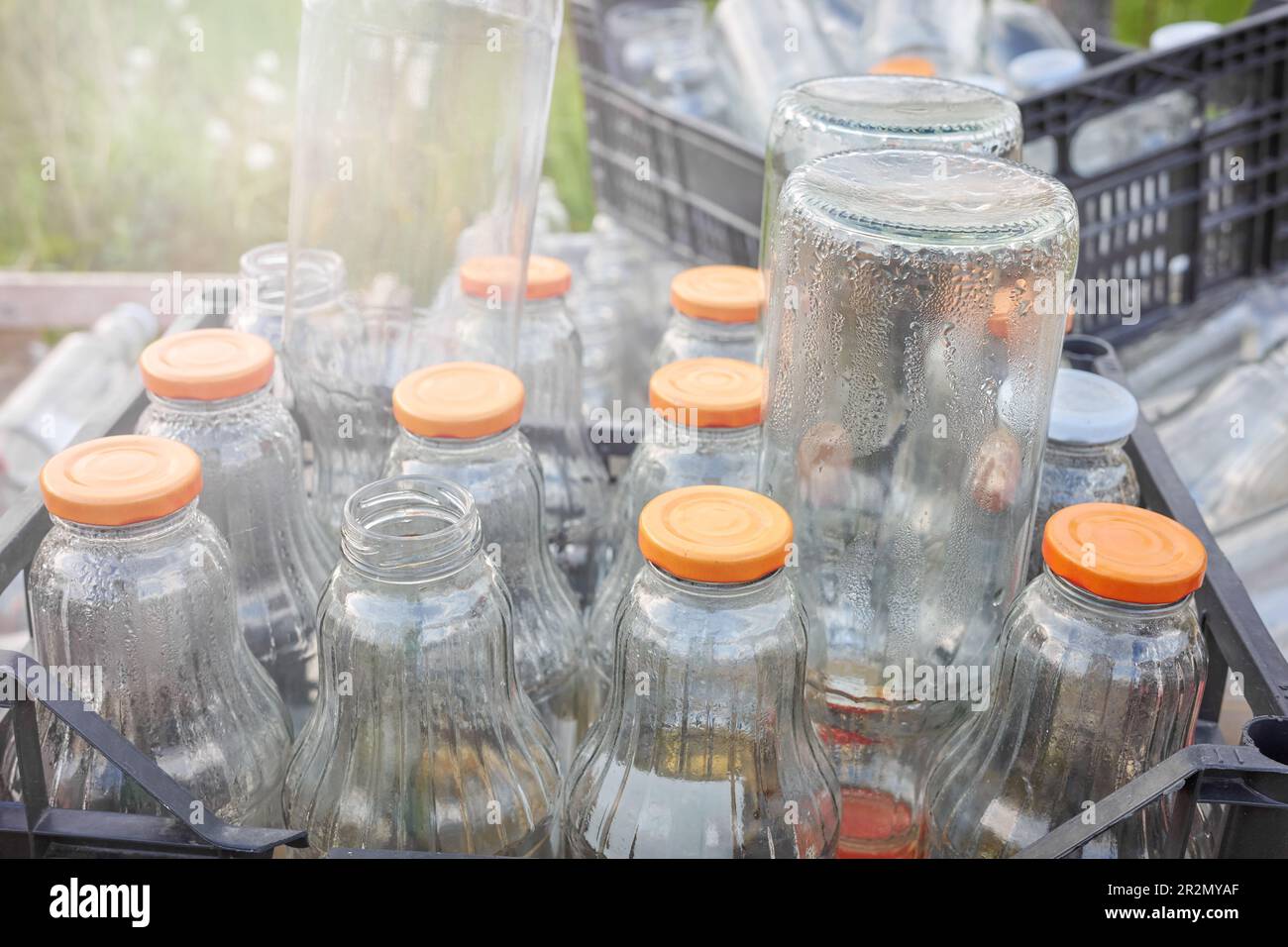 Gebrauchte leere Glasflaschen, die zum Recycling in Behältern gelagert werden, selektiver Fokus. Stockfoto