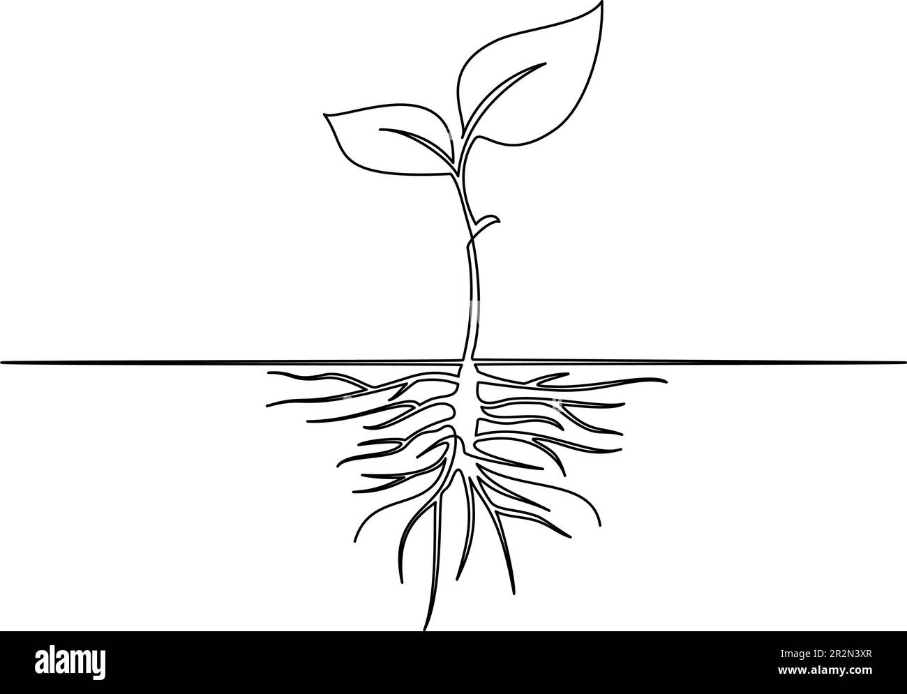 Sprossen mit Wurzeln. Durchgehende Zeichnung mit einer Linie. Vektordarstellung. Wachstumskonzept Stock Vektor