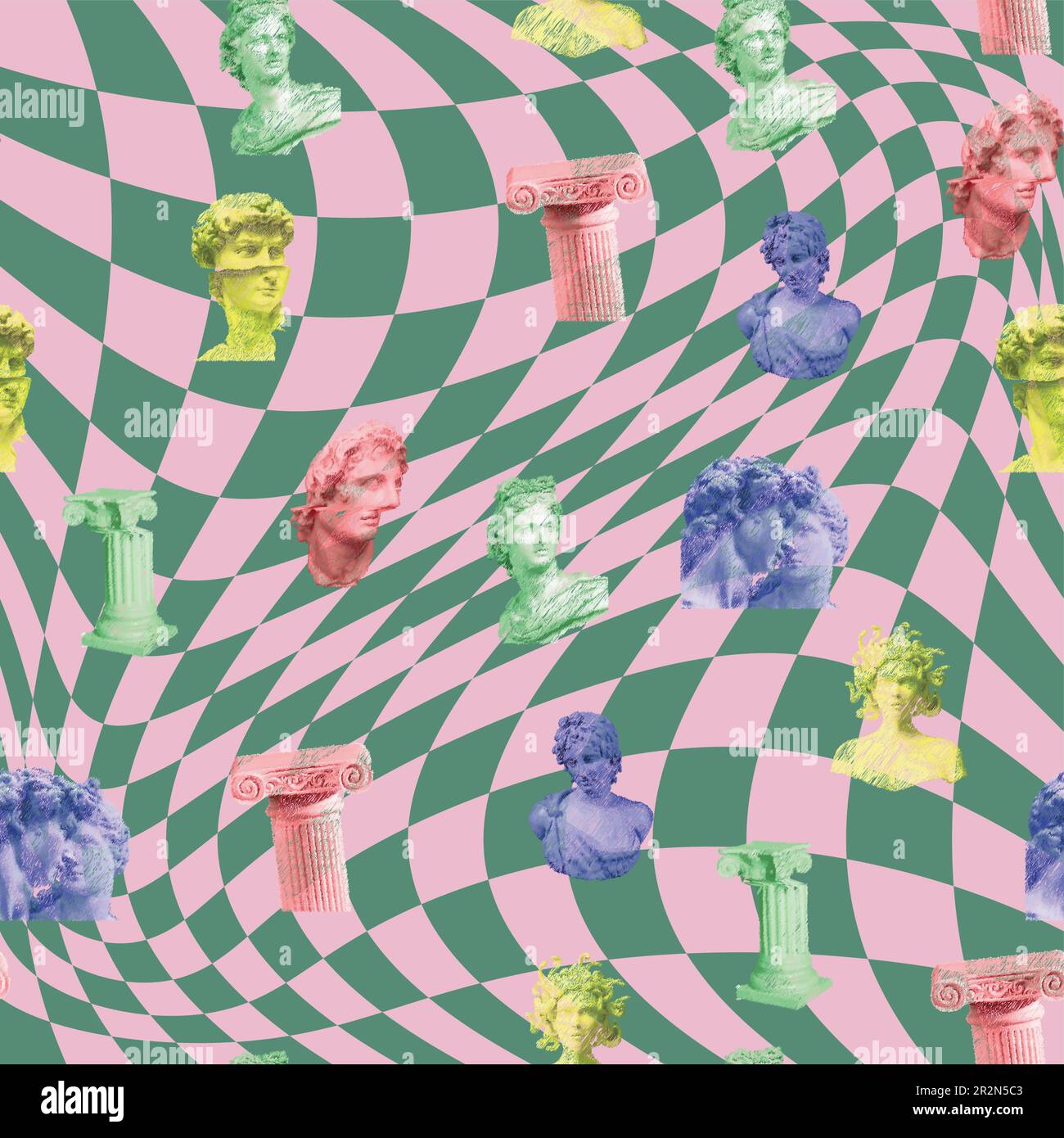 Antike griechische menschliche Statue, römische Säule, griechische Skulptur, nahtloses Schachbrettmuster. Modische, moderne Textur mit altem gree Stock Vektor