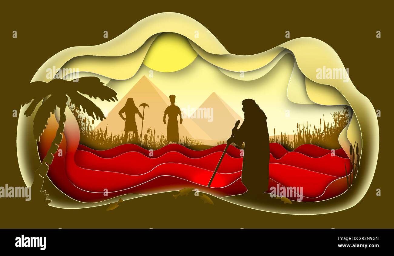 10 Plagen Ägyptens. Der Fluss des Blutes. Papierkunst, abstrakter Illustrationsminimalismus. Digitale Kunst Stockfoto