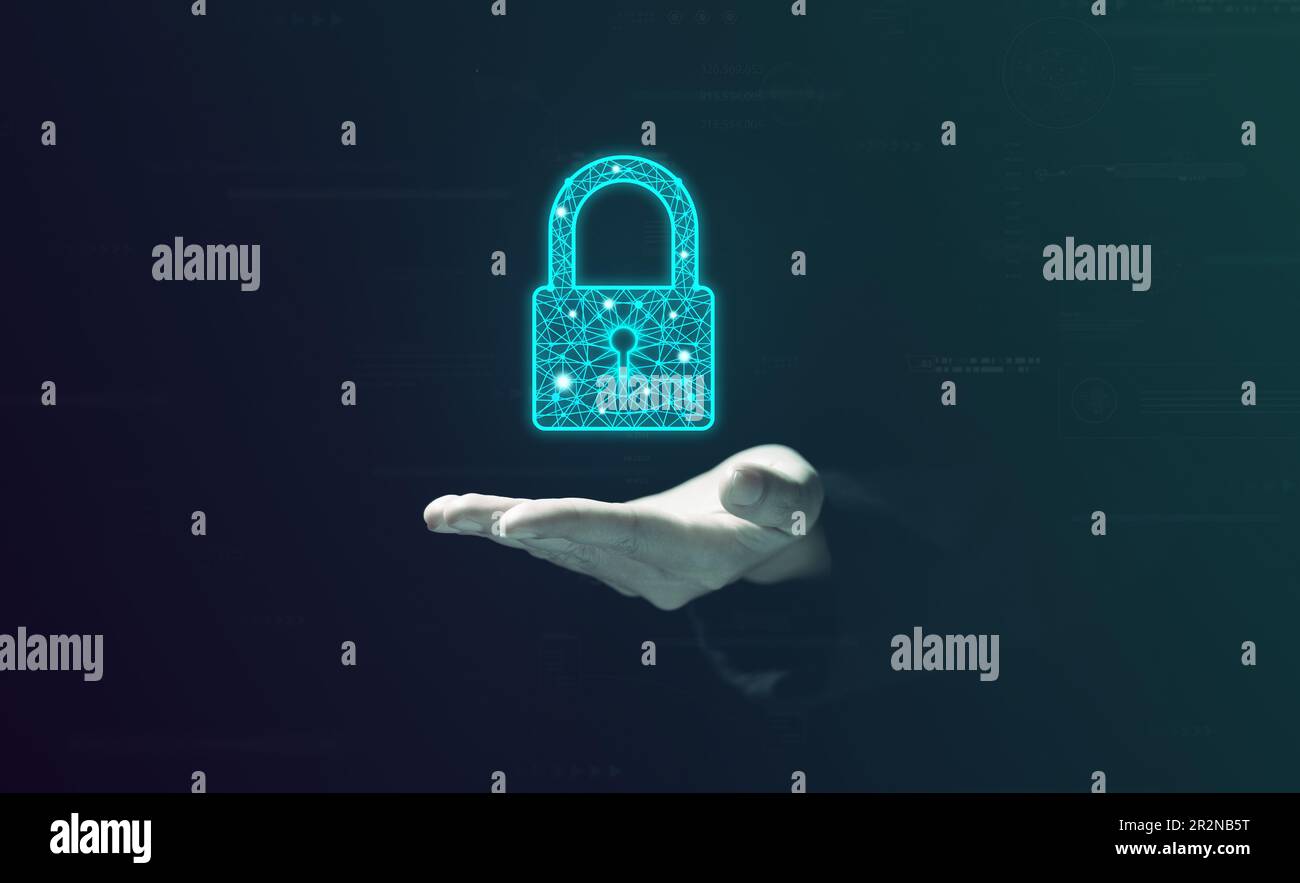 Virtuelles Vorhängeschloss mit Handgriff, Cyber-Sicherheit, Schutznetzwerk mit Schlosssymbol Stockfoto