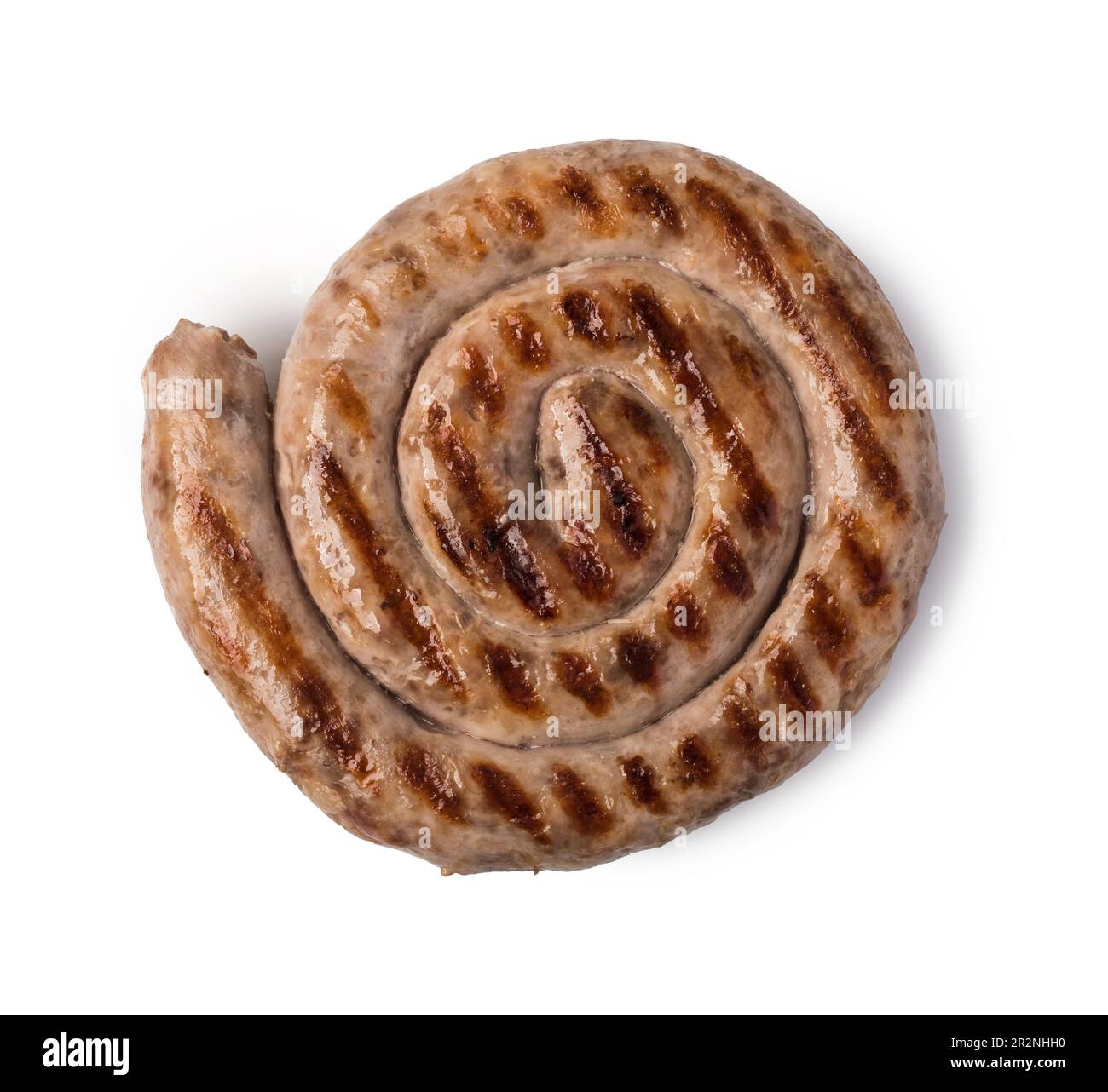 Gegrillte Würstchen auf weißem Hintergrund Stockfoto