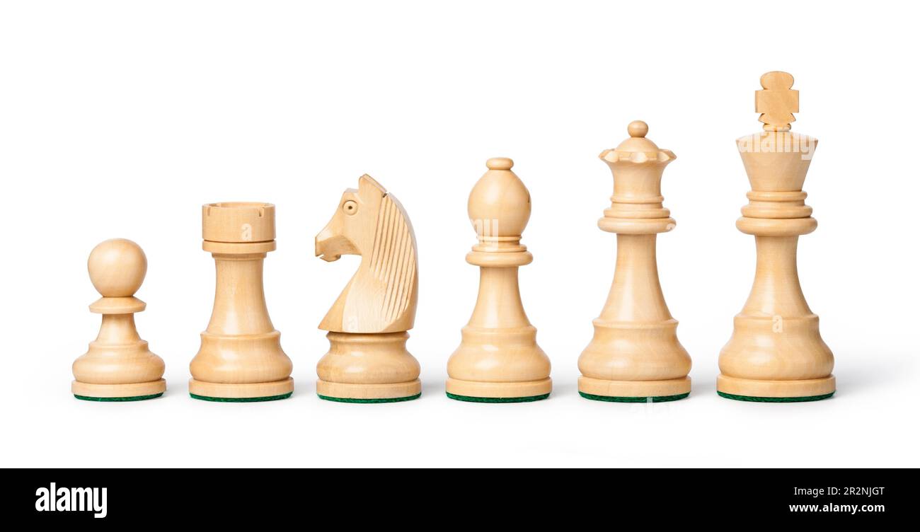 Schachfiguren aus Holz auf einem weißen Stockfoto