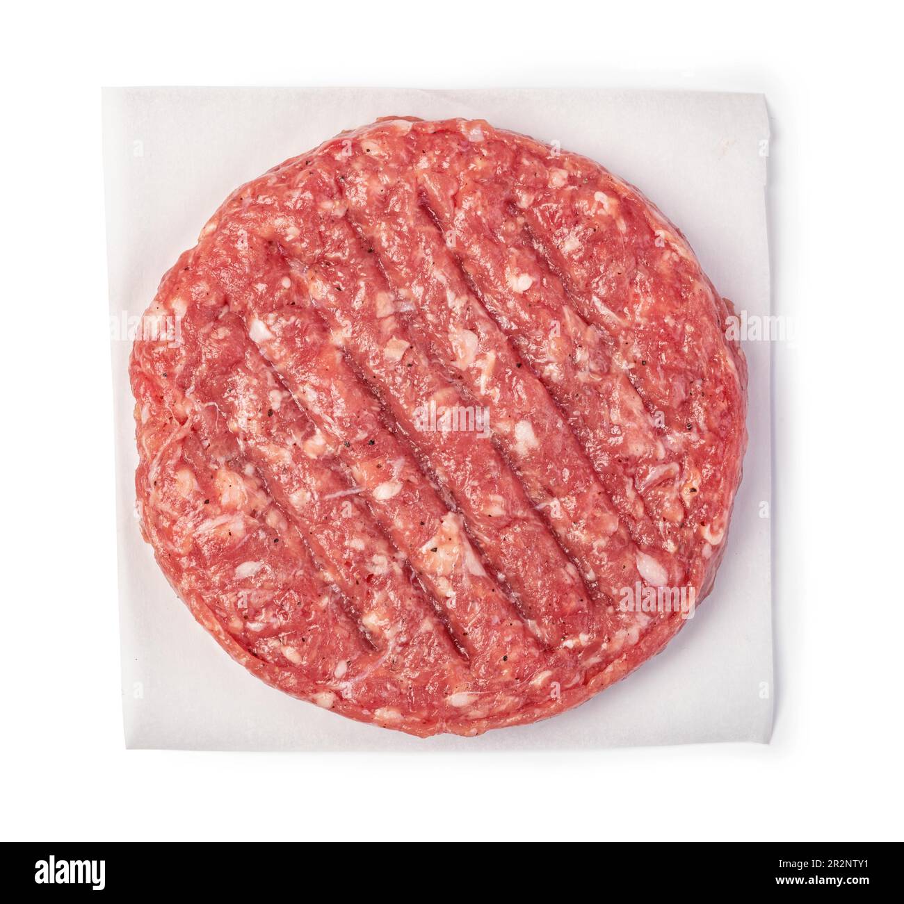 Frisches rohes Burgerfleisch, isoliert auf weißem Hintergrund Stockfoto