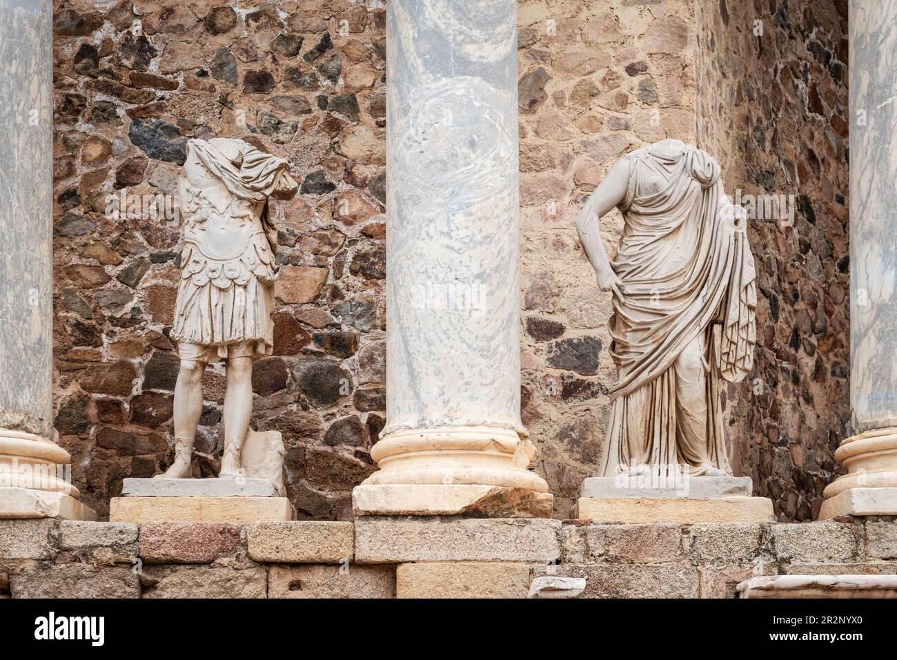 Details zum römischen Theater von Merida in Extremadura, Spanien. Erbaut in den Jahren 16 bis 15 BCE, ist es immer noch eines der berühmtesten und besuchten Wahrzeichen Stockfoto