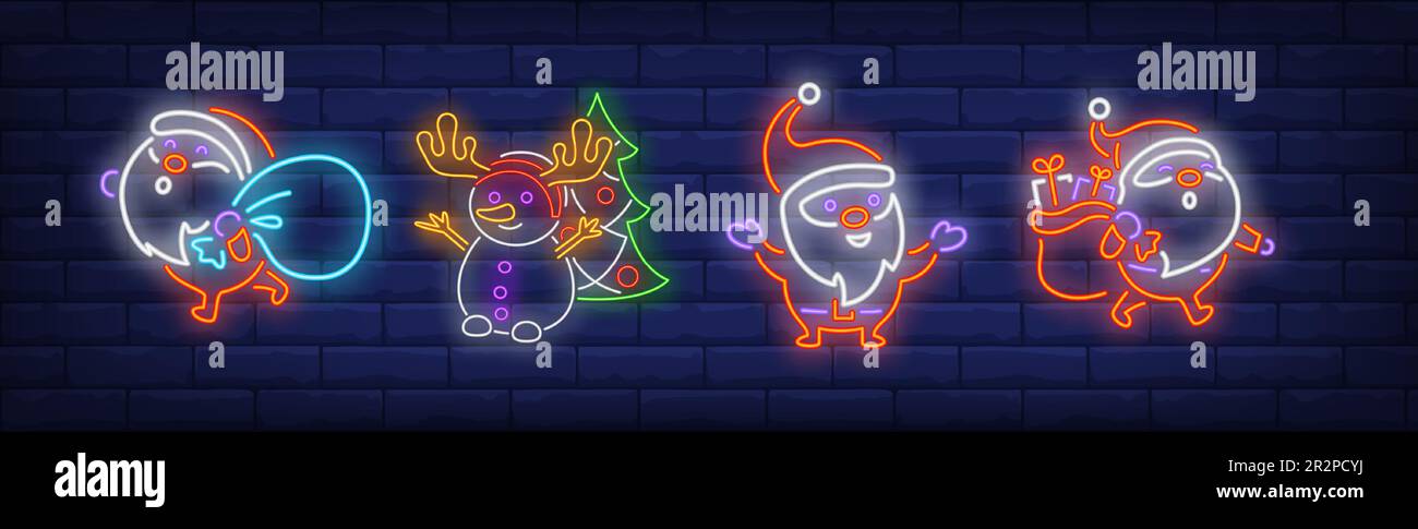 Santa Clauses mit Geschenksäcken, Neonschilder Stock Vektor