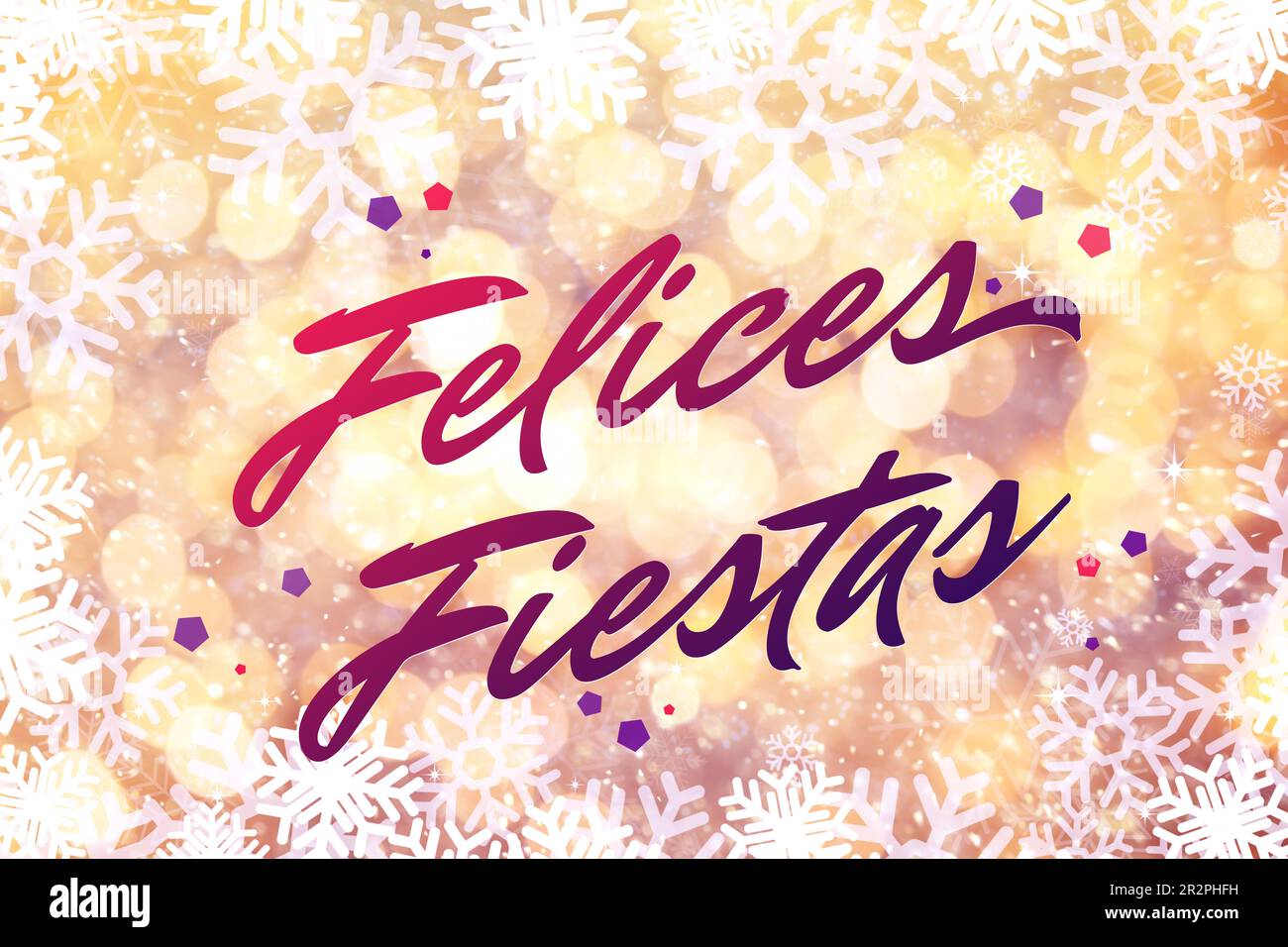 Felices Fiestas. Festliche Grußkarte mit frohen Feiertagswünschen auf Spanisch auf hellem Hintergrund Stockfoto