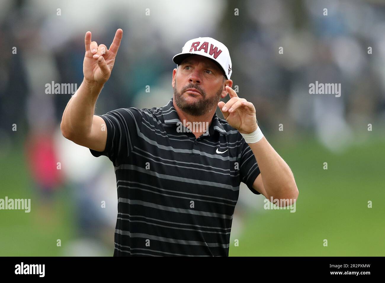 Rochester, USA. 20. Mai 2023. PGA Professional, Michael Block, reagiert auf die Menge, nachdem er die dritte Runde der PGA Championship 2023 abgeschlossen hat, die sogar am Samstag, den 20. Mai 2023, im Oak Hill Country Club in Rochester, New York, gelang. Foto: Aaron Josefczyk/UPI Credit: UPI/Alamy Live News Stockfoto