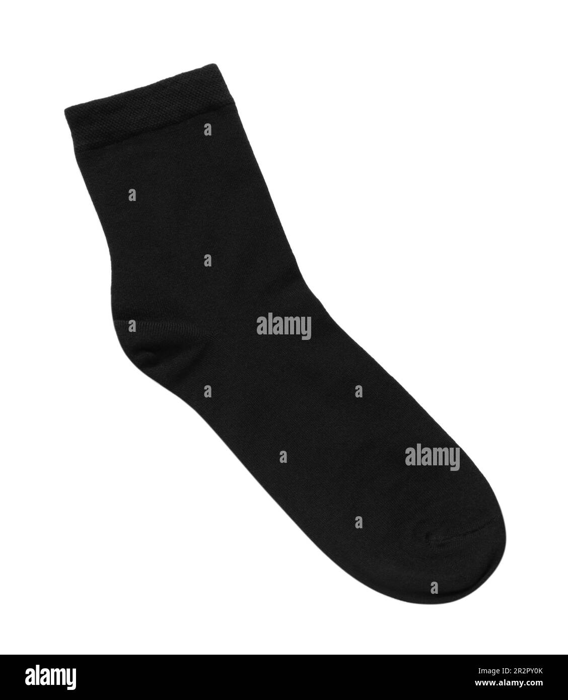 Schwarze Socke isoliert auf weiß, Draufsicht Stockfoto