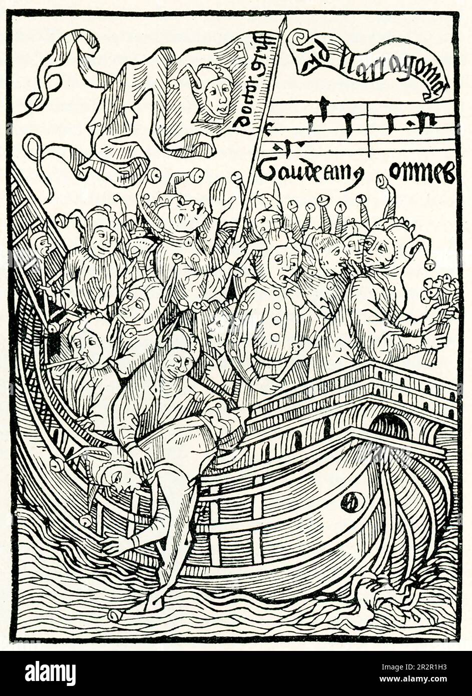 Die Überschrift von 1906 lautet: "Eine Seite aus der ersten Ausgabe von Sebastian Brants Schiff der Narren im Jahr 1494." Das Buch war eine mittelalterliche Satire über zeitgenössische Torheit und Korruption. Stockfoto
