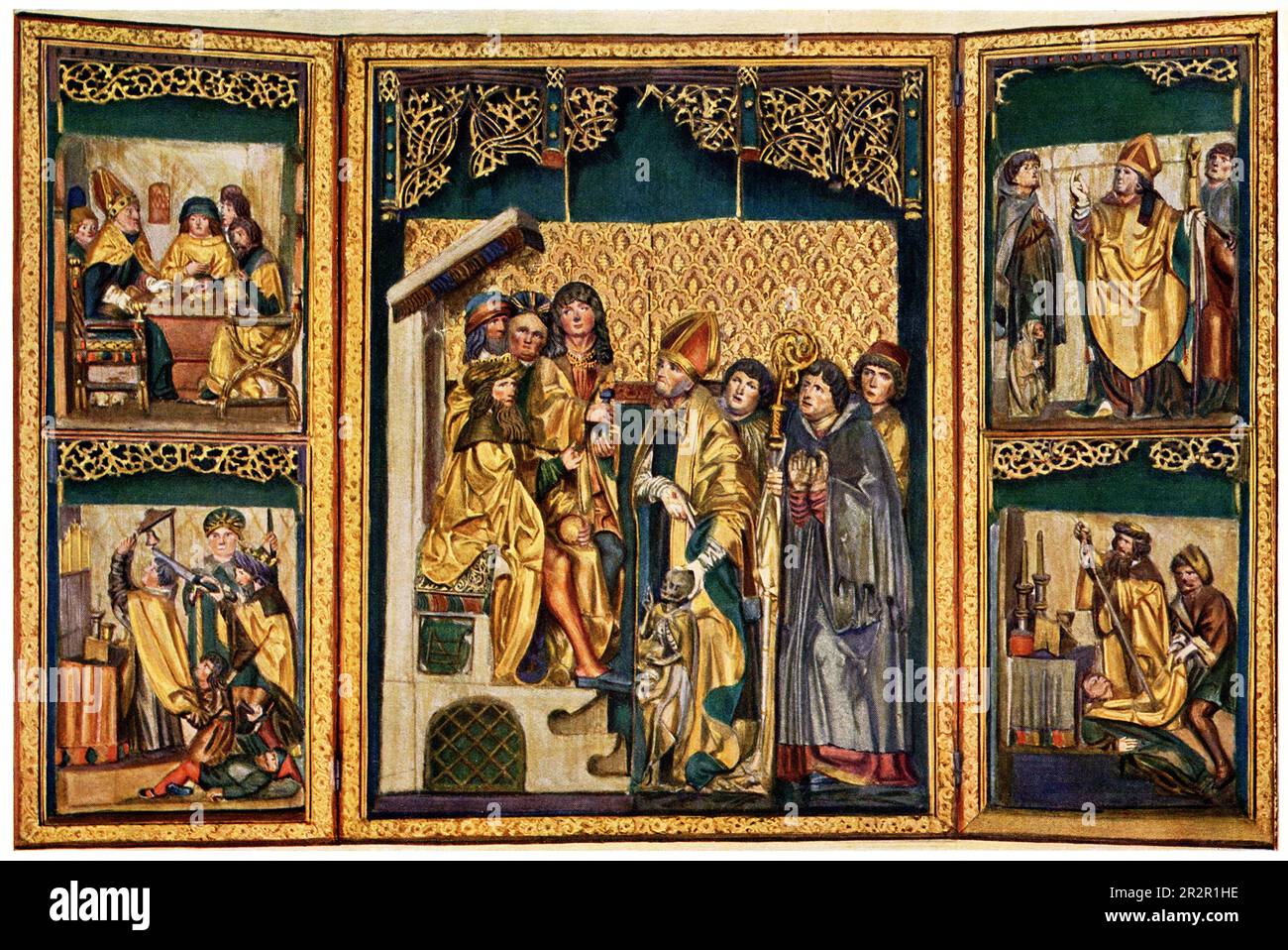 Der 1906. Titel lautet: Das Märtyrertum und der Tod des Heiligen Stanislaus. Farben auf Holzaltar. Das Original befindet sich im Museum für Kunst in Breslau [das heutige Breslau in Polen].“ Stanisław Kostka S.J. war ein polnischer Neuling der Gesellschaft Jesu. Er wird in der katholischen Kirche als St. Stanislaus Kostka (1550-1568) verehrt. Stockfoto