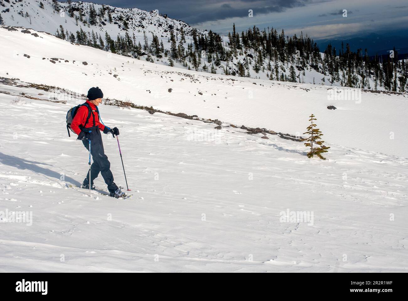 Schneeschuhwanderungen für Erwachsene auf Mount Saint Helens, Washington. Stockfoto