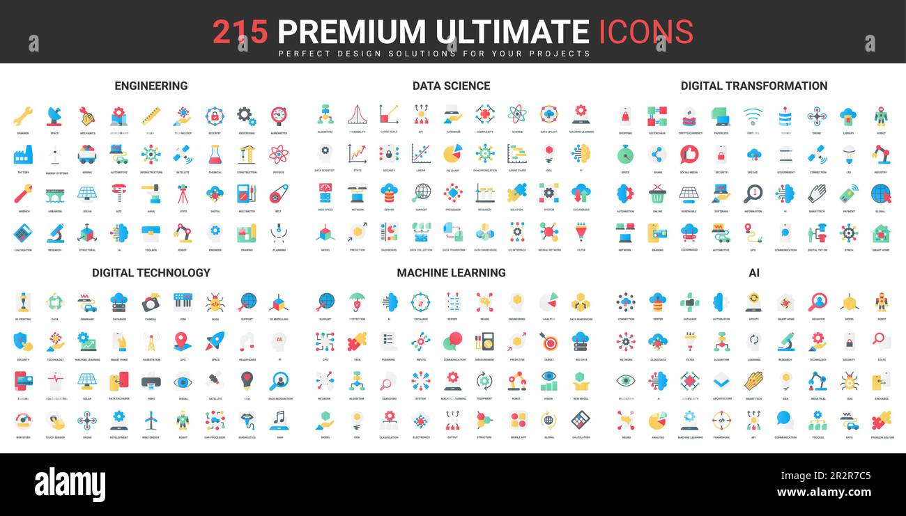 Digitale Technologie, KI und Datenwissenschaft – flache Farbsymbole stellen die Vektordarstellung ein. Abstrakte Symbole für Engineering und digitale Transformation, maschinelles Lernen Einfache Konstruktion für Mobil- und Web-Apps Stock Vektor