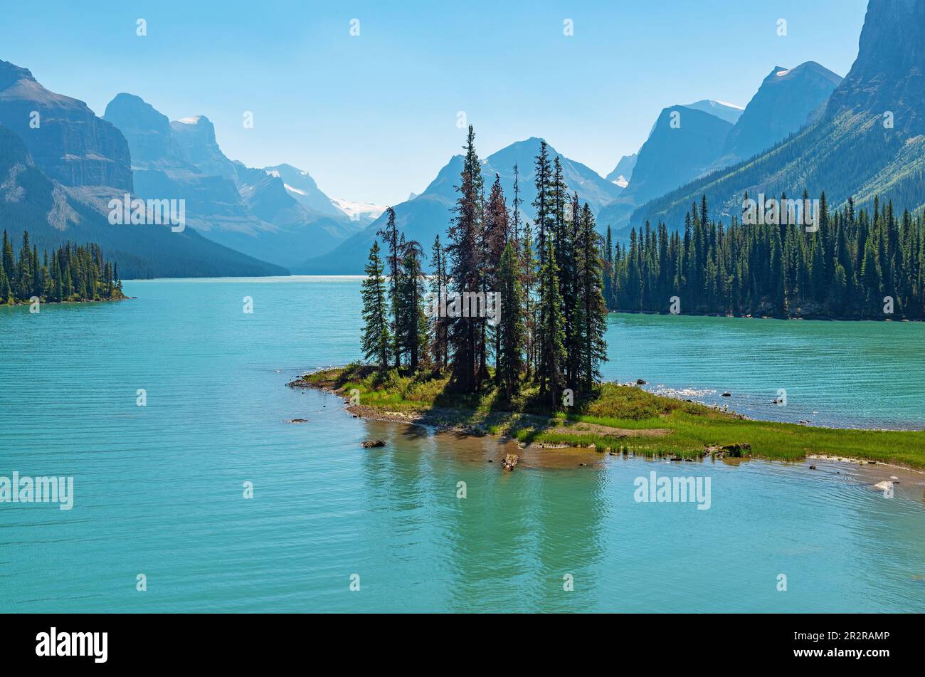 Spirit Island und Maligne Lake, Jasper-Nationalpark, Alberta, Kanada. Stockfoto