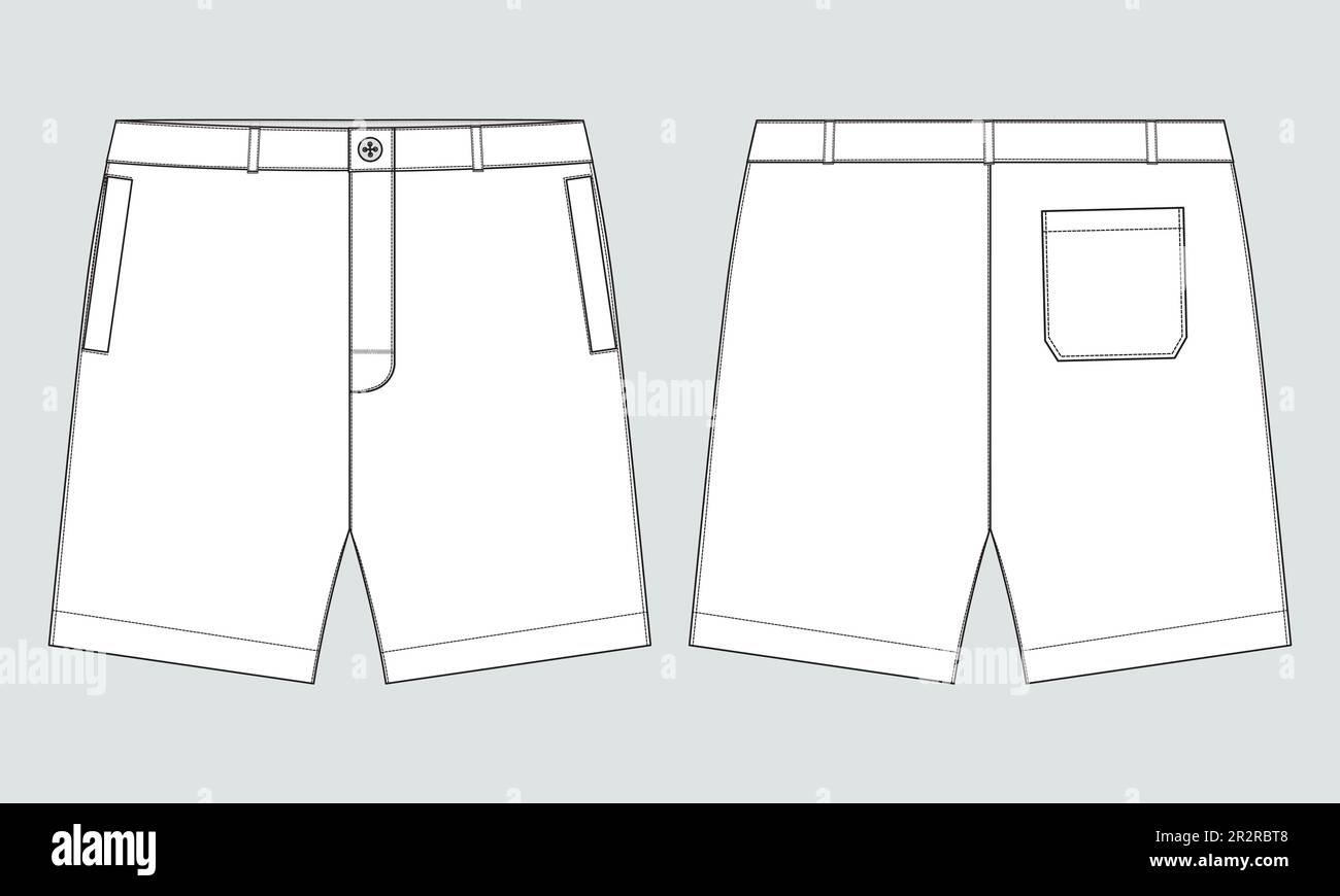 Sweat Shorts Hose Technisches Zeichnen Fashion flacher Skizzenvektor Illustration Vorlage Vorder- und Rückansicht. Stock Vektor