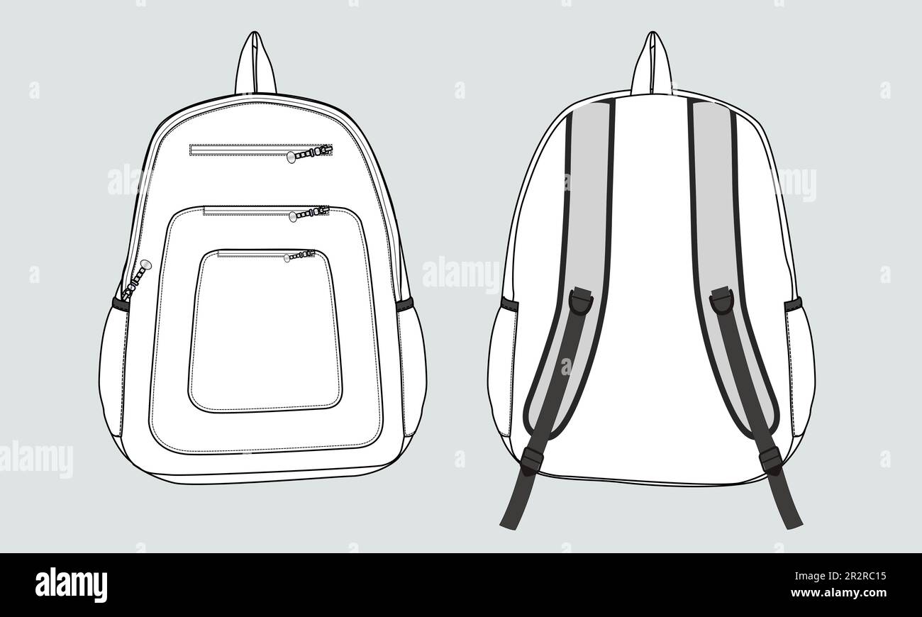 Rucksack Technische Zeichnung Mode flache Skizze Vektor Illustration Vorlage Vorder- und Rückansicht isoliert auf weißem Hintergrund Stock Vektor