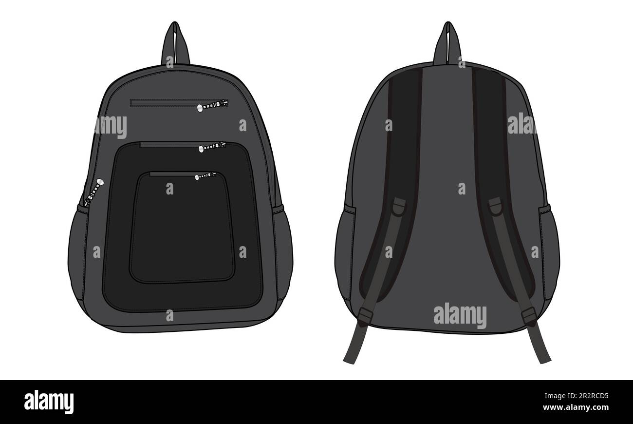 Rucksack Technische Zeichnung Mode flache Skizze Vektor Illustration Vorlage Vorder- und Rückansicht isoliert auf weißem Hintergrund Stock Vektor