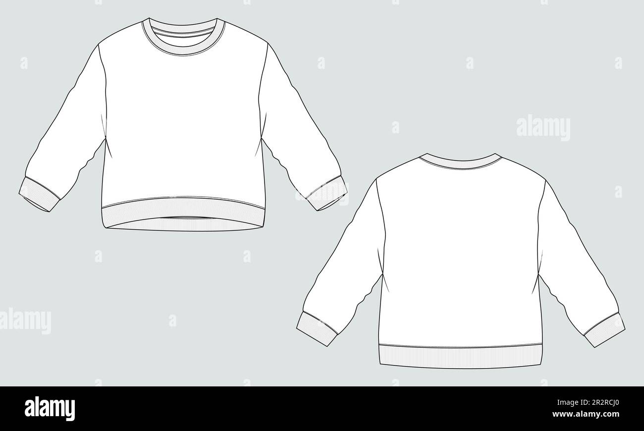 Langarm Sweatshirt technische Mode flache Skizze Vektorvorlage Vorder- und Rückansicht. Fleece Jersey Sweatshirt Pullover Pullover für mich Stock Vektor