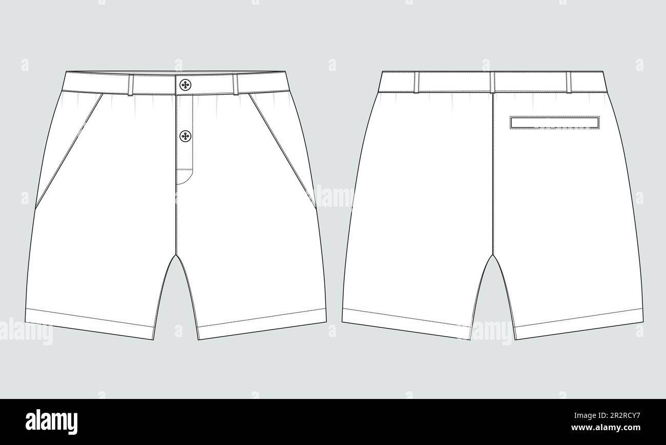 Sweat Shorts Hose Technisches Zeichnen Fashion flacher Skizzenvektor Illustration Vorlage Vorder- und Rückansicht. Stock Vektor