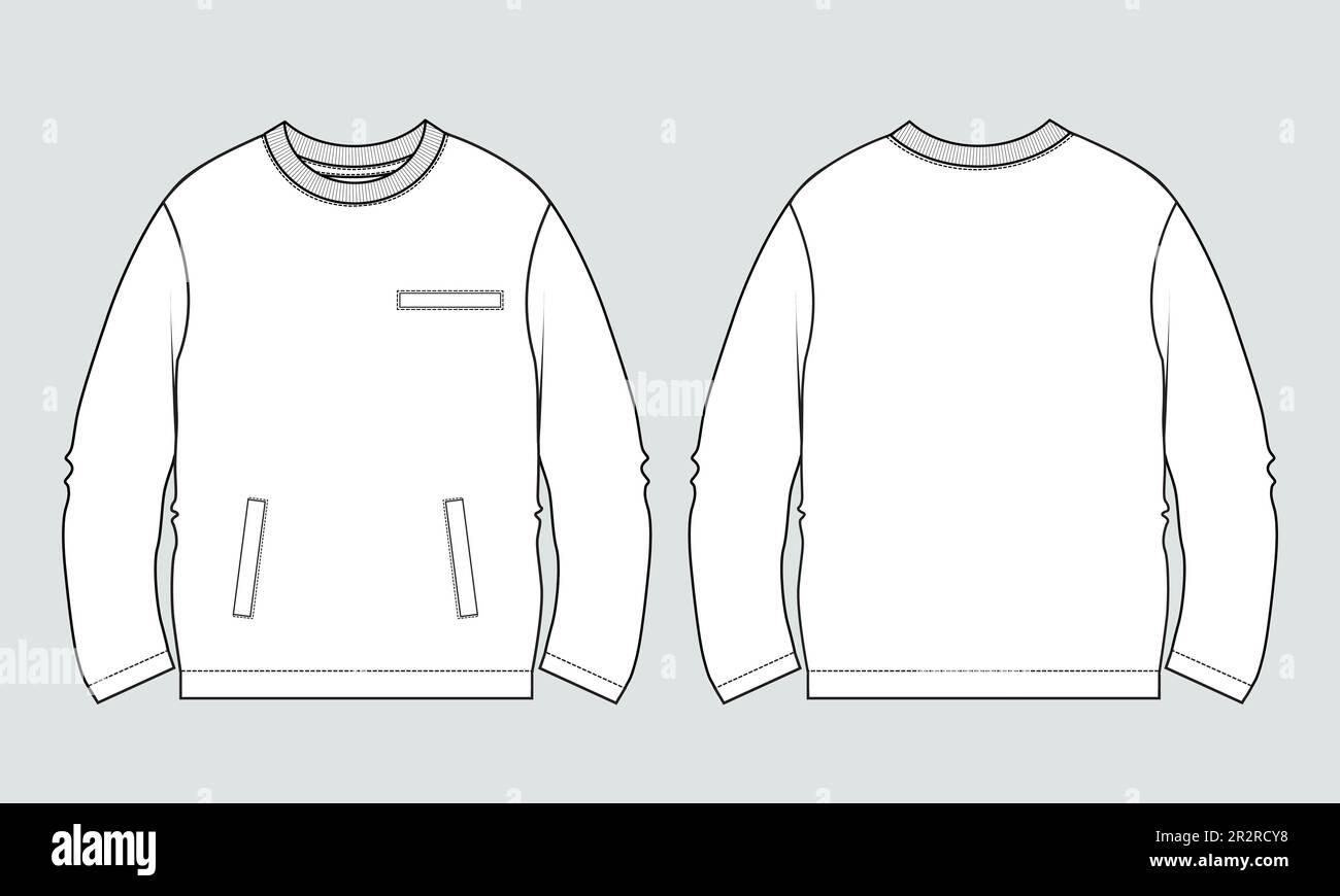 Langarm Sweatshirt technische Mode flache Skizze Vektorvorlage Vorder- und Rückansicht. Fleece Jersey Sweatshirt Pullover Pullover für mich Stock Vektor