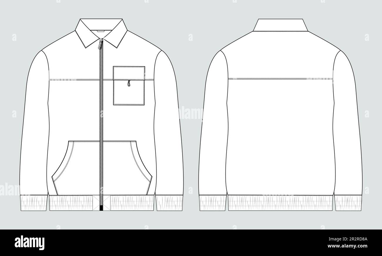 Langärmelige Jacke mit Tasche und Reißverschluss technisch modisch flache Skizzenvorlage zur Illustration von Vorder- und Rückansicht. Fleece-Jersey-Sweatshirt Stock Vektor