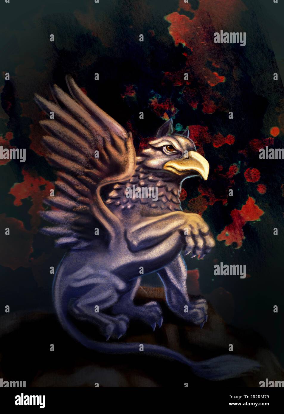 Digitale Illustration - eine mythische Gryphon-Kreatur mit Körper, Schwanz und hinteren Beinen eines Löwen; Kopf und Flügel eines Adlers. Stockfoto