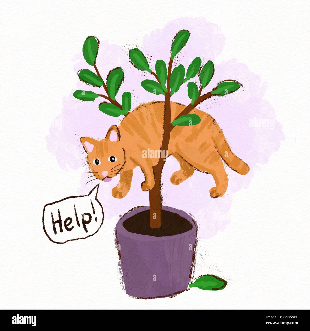 Handgezogene Andeutungen mit roter Katze, steckende Blumen Ficus Hauspflanze, helfen Unfug lustig. Heimtier Katze niedliches Design Posterkarte, trendige Kunst im lockeren gemalten Stil, Geschenk für Katzenliebhaber Katze Stockfoto