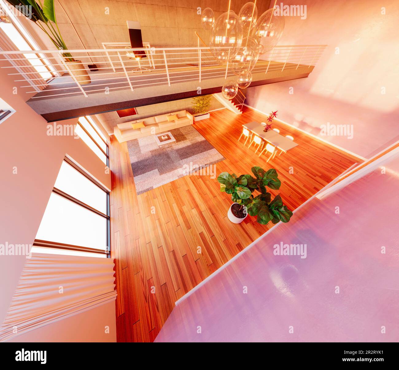 Blick auf einen offenen Raum mit Treppe und Fenstern, groß, modern und zeitgenössisch. Luxushäuser. Tageslicht. Wohnzimmer Stockfoto
