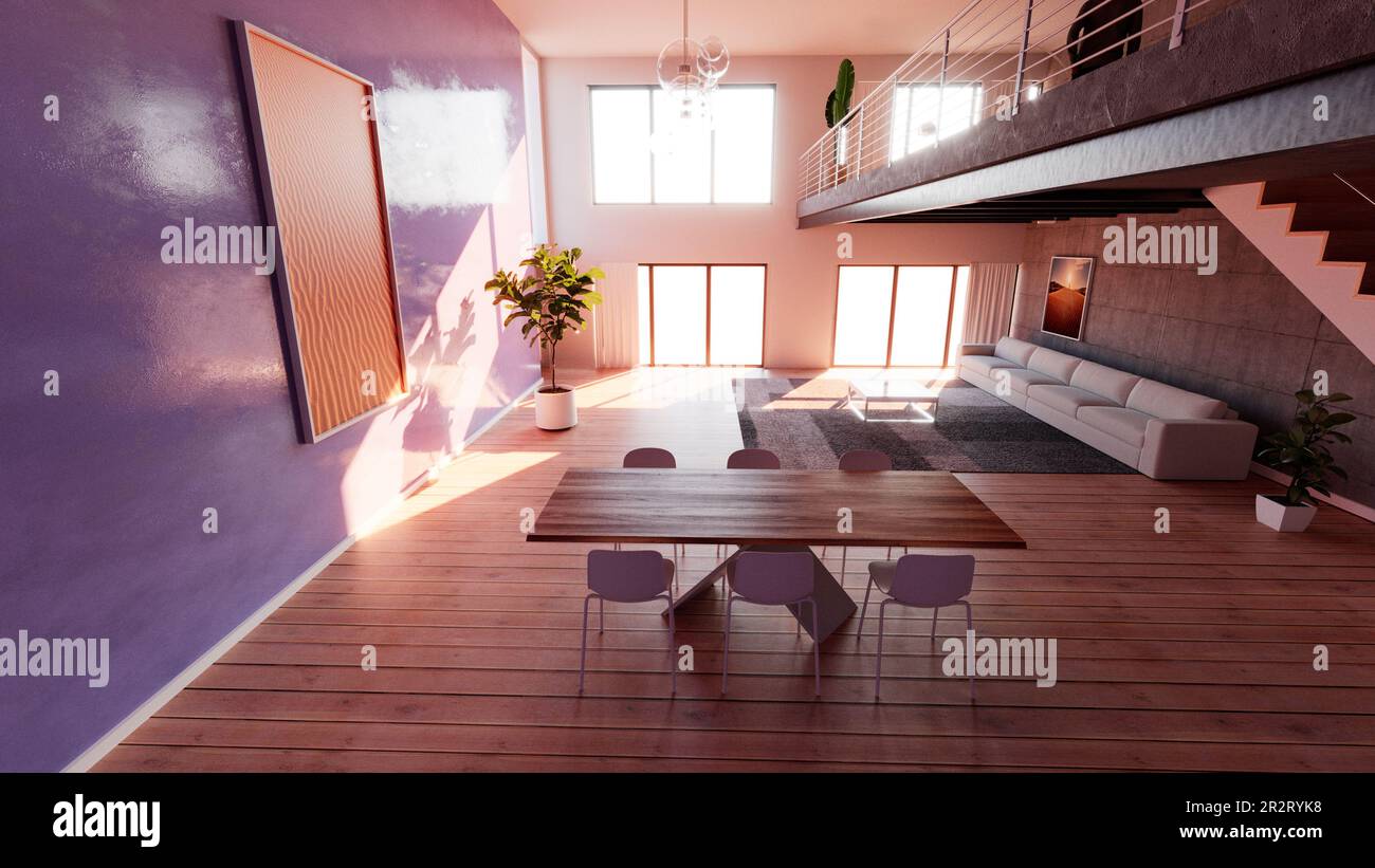 Blick auf einen offenen Raum mit Treppe und Fenstern, groß, modern und zeitgenössisch. Luxushäuser. Tageslicht. Wohnzimmer Stockfoto