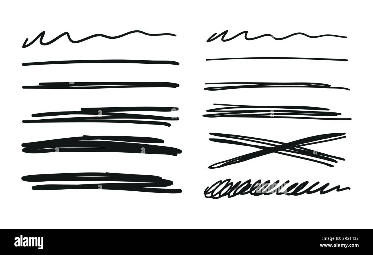 Satz handgezeichneter Kritzeleien, Durchstreichungen, Blots im Text, Textmarker, Stift, Der Bleistift unterstreicht. Abstrakte Linien für das Design von handgeschriebenem Text. Ve Stock Vektor