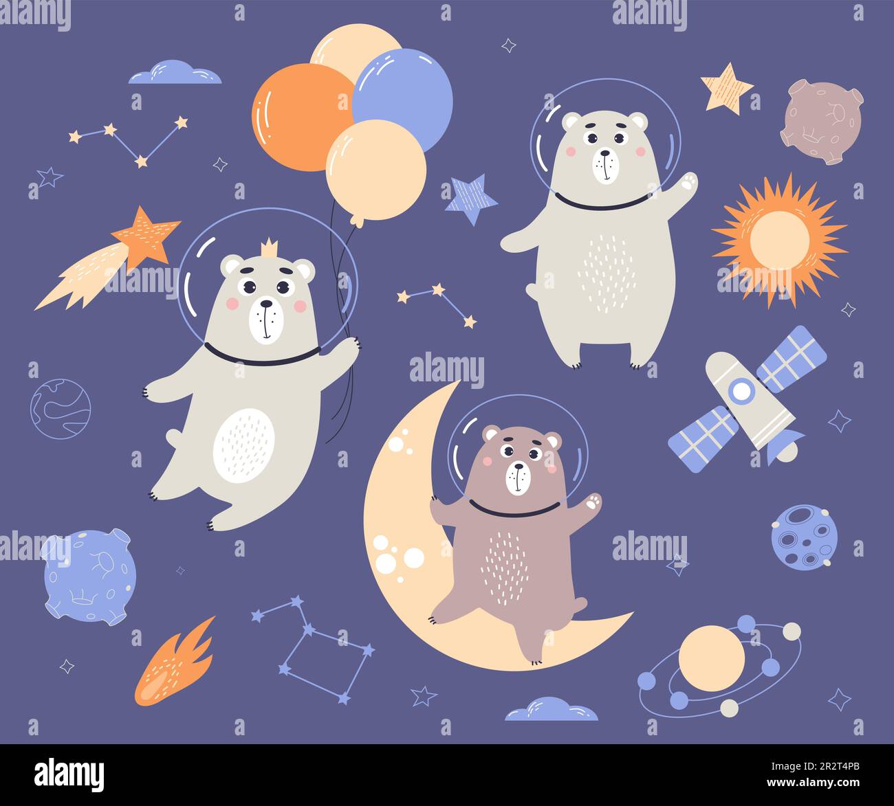 Stell niedliche Tierastronauten auf. Lustige Raumbären auf dem Mond mit Ballons, Planeten, Sternbilder und Meteoriten. Vektordarstellung im flachen Cartoon-Stil Stock Vektor