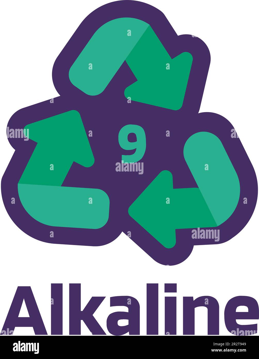 Alkali-Mangan-Batterie Nummer 9 für die Kennzeichnung von Industrieprodukten. Recycling-Code für Metalle. Information der Verbraucher über Verpackungseigenschaften und chemische Eigenschaften. Grüner Trian Stock Vektor