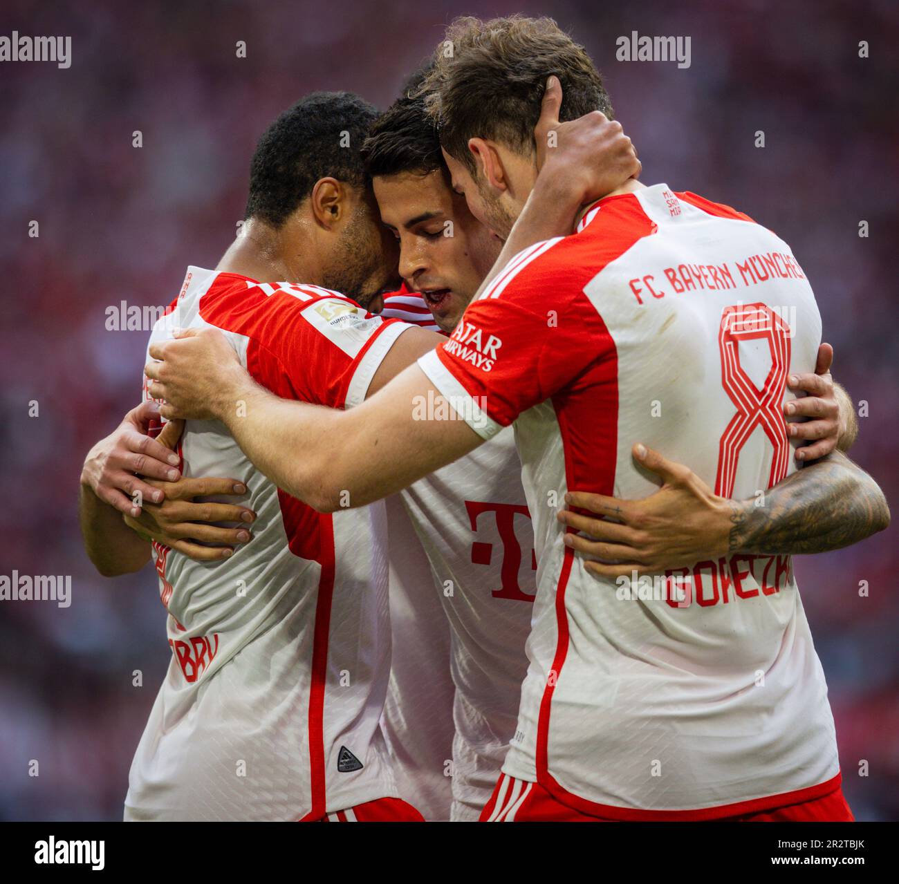 Munic, Deutschland. 20. Mai 2023. Torjubel: Serge Gnabry (München), Joao Pedro Cavaco Cancelo (München), Leon Goretzka (München) FC Bayern München - Stockfoto