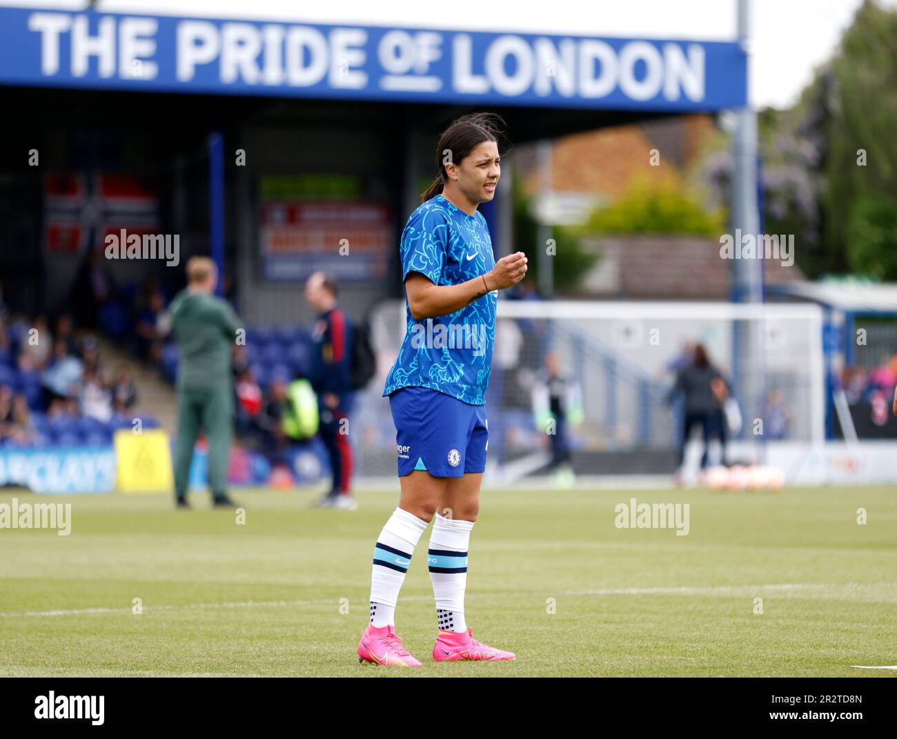 Chelsea's Sam Kerr wärmt sich vor dem Barclays Women's Super League-Spiel in Kingsmeadow, Kingston upon Thames, auf. Foto: Sonntag, 21. Mai 2023. Stockfoto