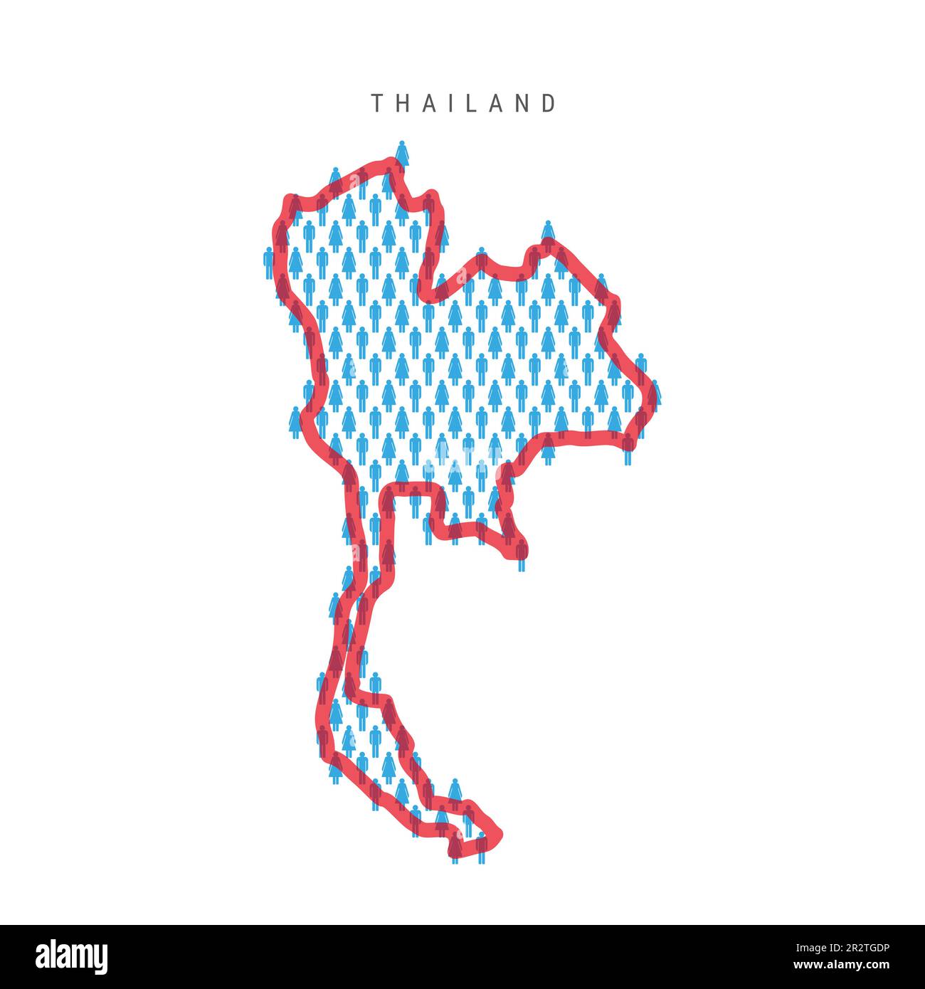 Karte der Bevölkerung Thailands. Strichfiguren Thailändische Landkarte mit auffälliger roter, durchsichtiger Landesgrenze. Muster von Männer- und Frauensymbolen. Isolierte Vektorillus Stock Vektor