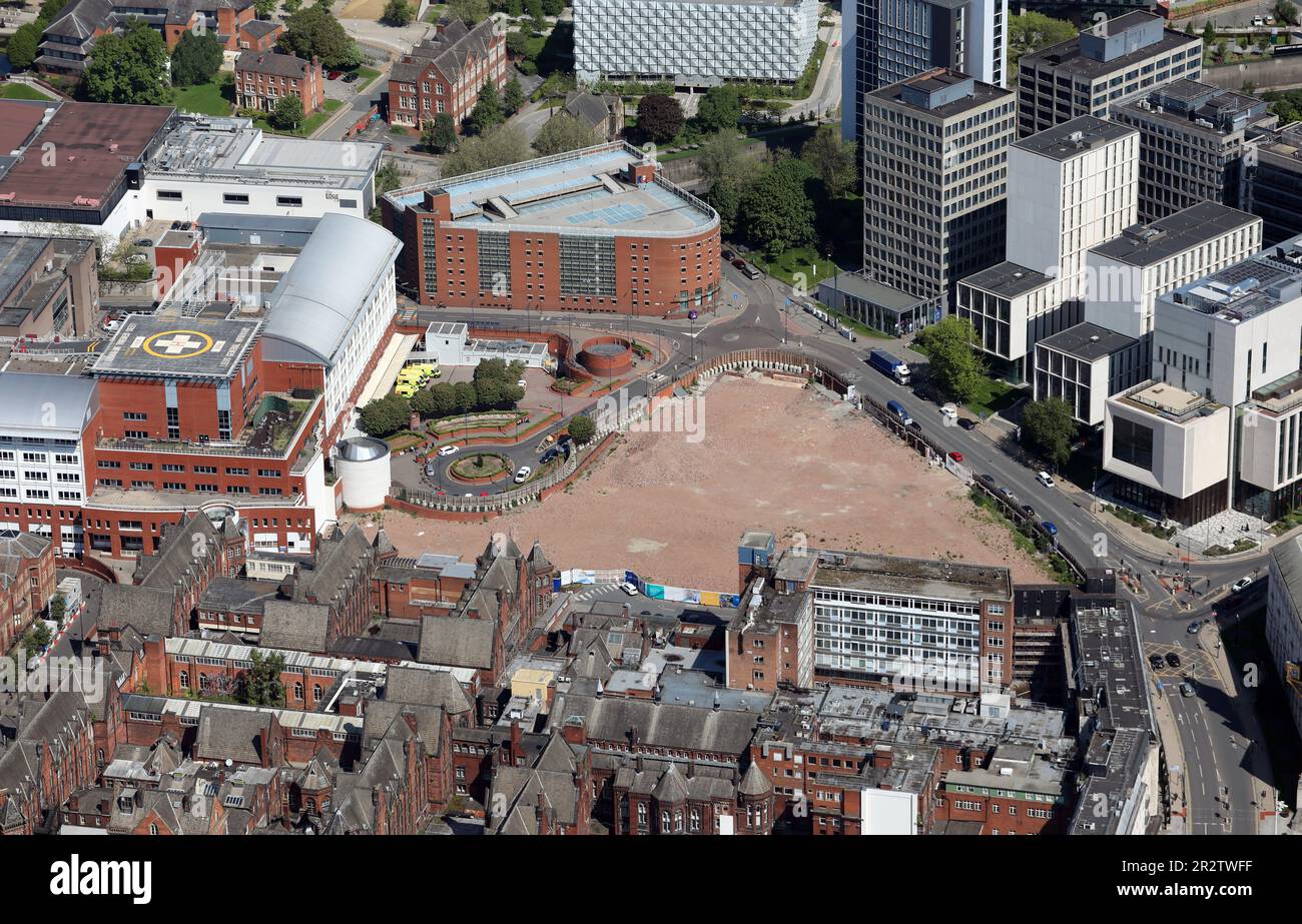 Luftaufnahme eines leeren Geländes in der Calverley Street am Leeds General Infirmary, das die Heimat des Leeds Children's Hospital & A Maternity Centre sein wird Stockfoto