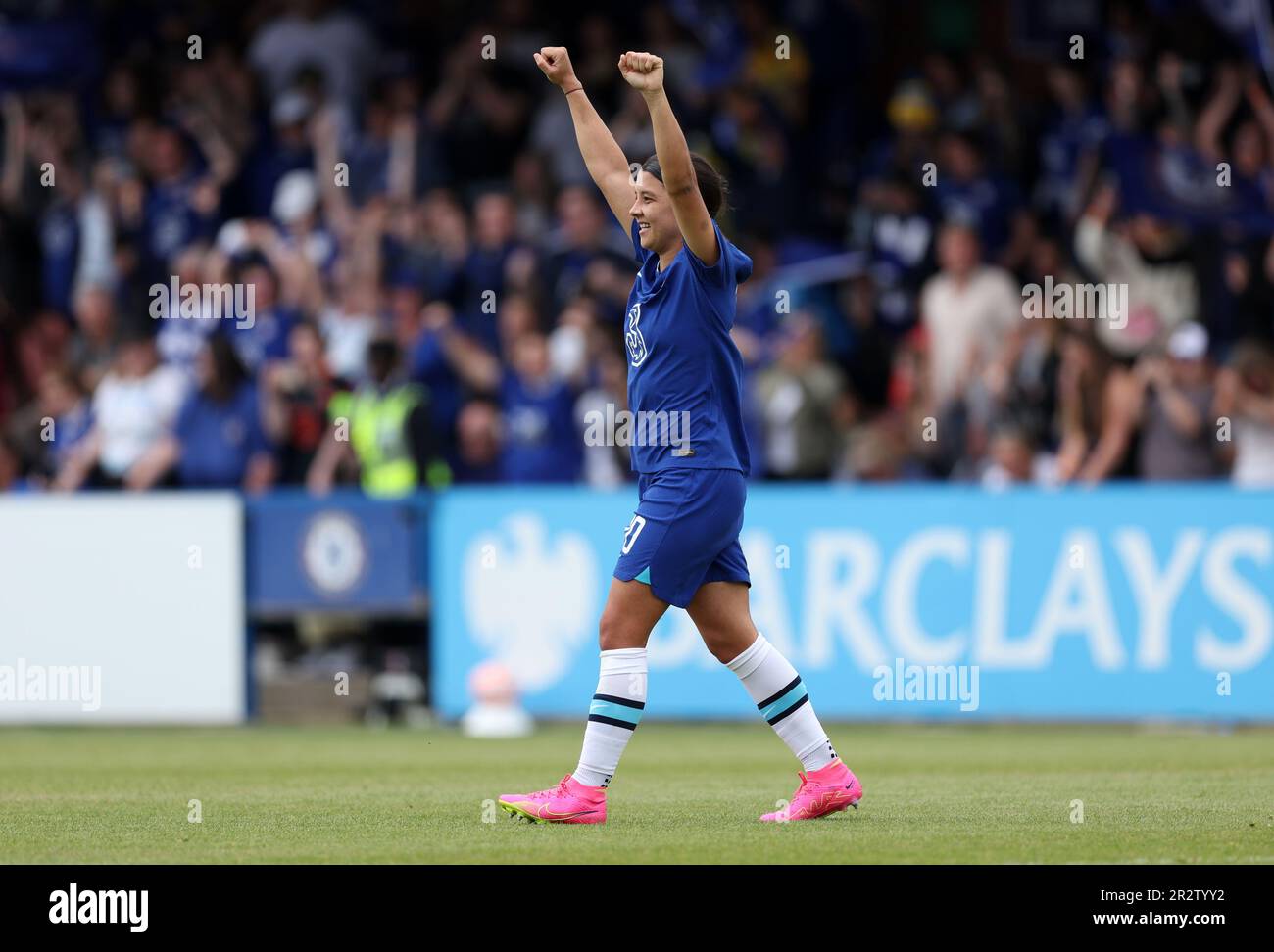 Chelsea's Sam Kerr feiert nach dem Barclays Women's Super League-Spiel in Kingsmeadow, Kingston upon Thames. Foto: Sonntag, 21. Mai 2023. Stockfoto