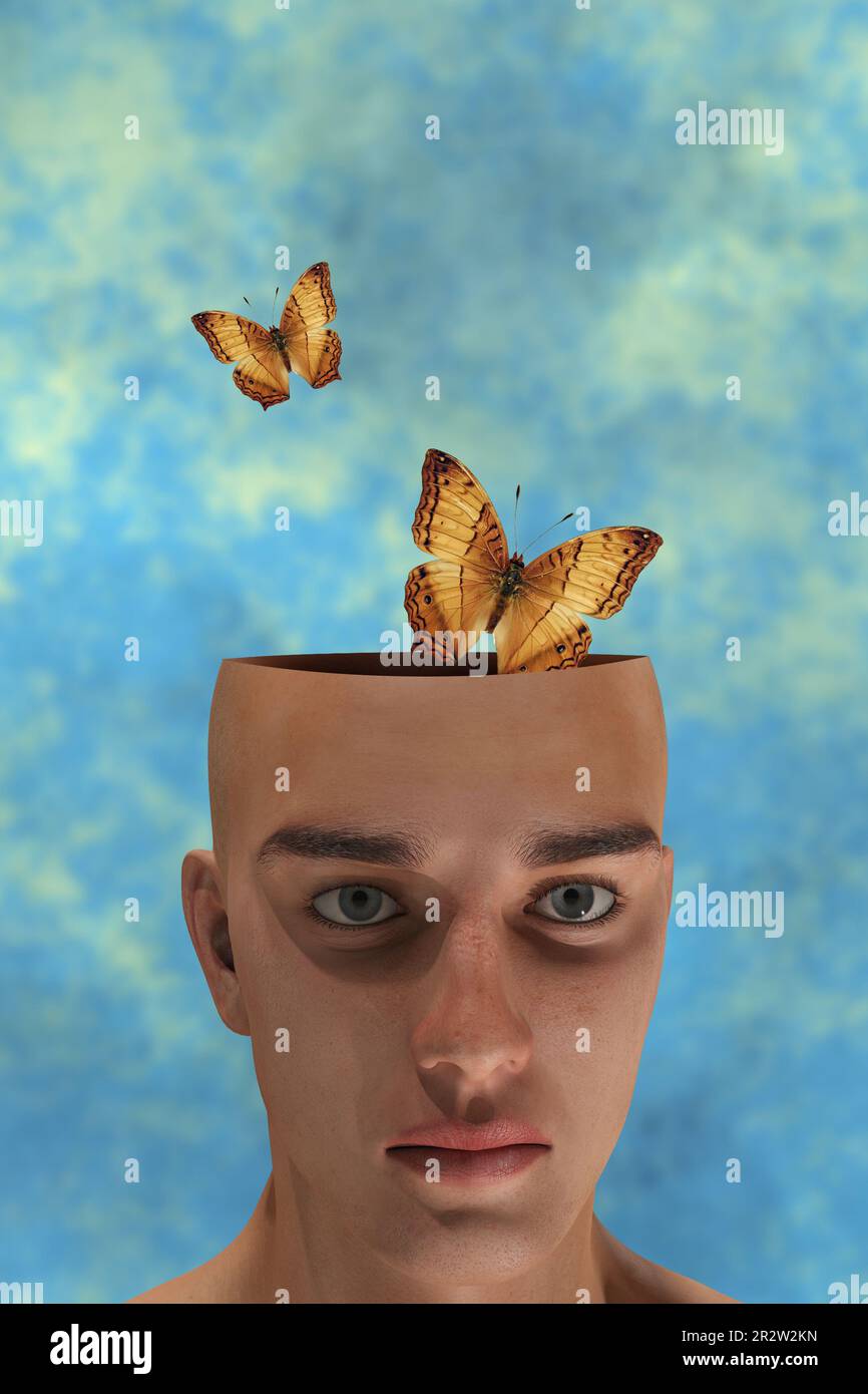 Menschlicher Kopf mit Schmetterlingen aus ihm kommen, Phantasie und Kreativität Konzept Stockfoto