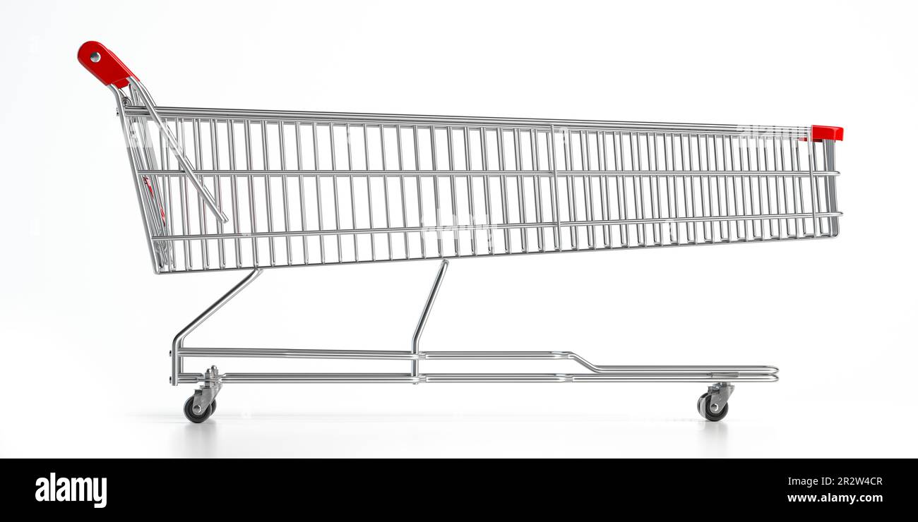 Langer Warenkorb isoliert auf weiß. Verkäufe ein Rabattkonzept. 3D Abbildung Stockfoto