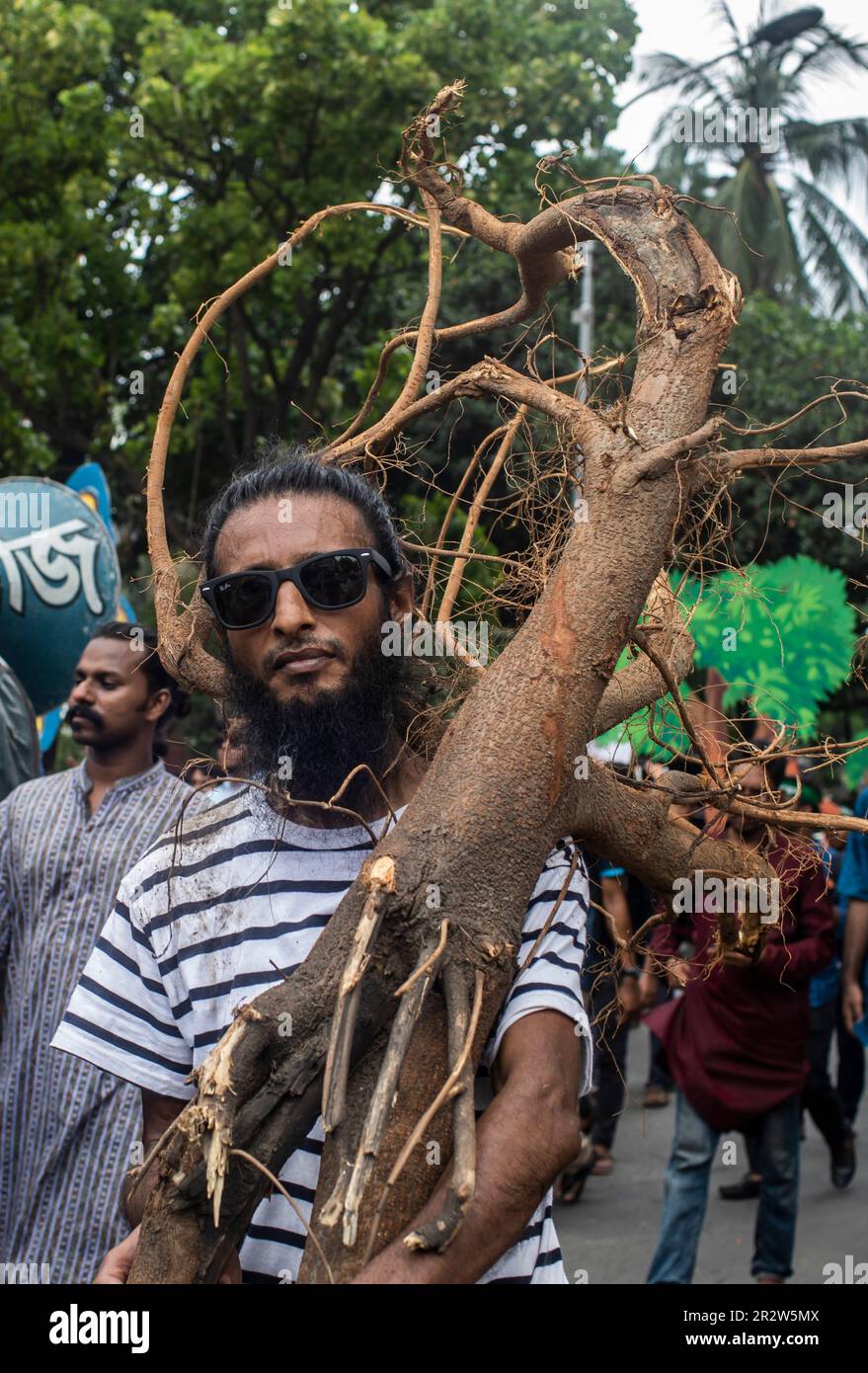 Dhaka, Bangladesch. 21. Mai 2023. Ein Protester mit Sauerstoffmaske hält während der Demonstration einen Baum. Die Dhaka Metropolitan Police (DMP) hat Umweltaktivisten unter dem Banner von „Saat Masjid Sarak Gach Rakkha Andalan“ daran gehindert, Dhaka South City Corporation (DSCC) zu belagern und gegen das Fällen von Bäumen im Namen der Verschönerung der Saat Masjid Road von Dhanmondi zu protestieren. Kredit: SOPA Images Limited/Alamy Live News Stockfoto