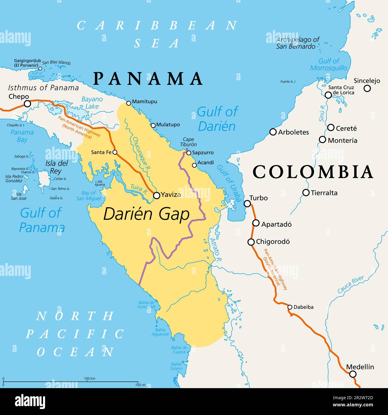 Darien Gap, politische Karte. Geografische Region im Isthmus von Panama, die Nord- und Südamerika mit Zentralamerika verbindet. Panamericana. Stockfoto