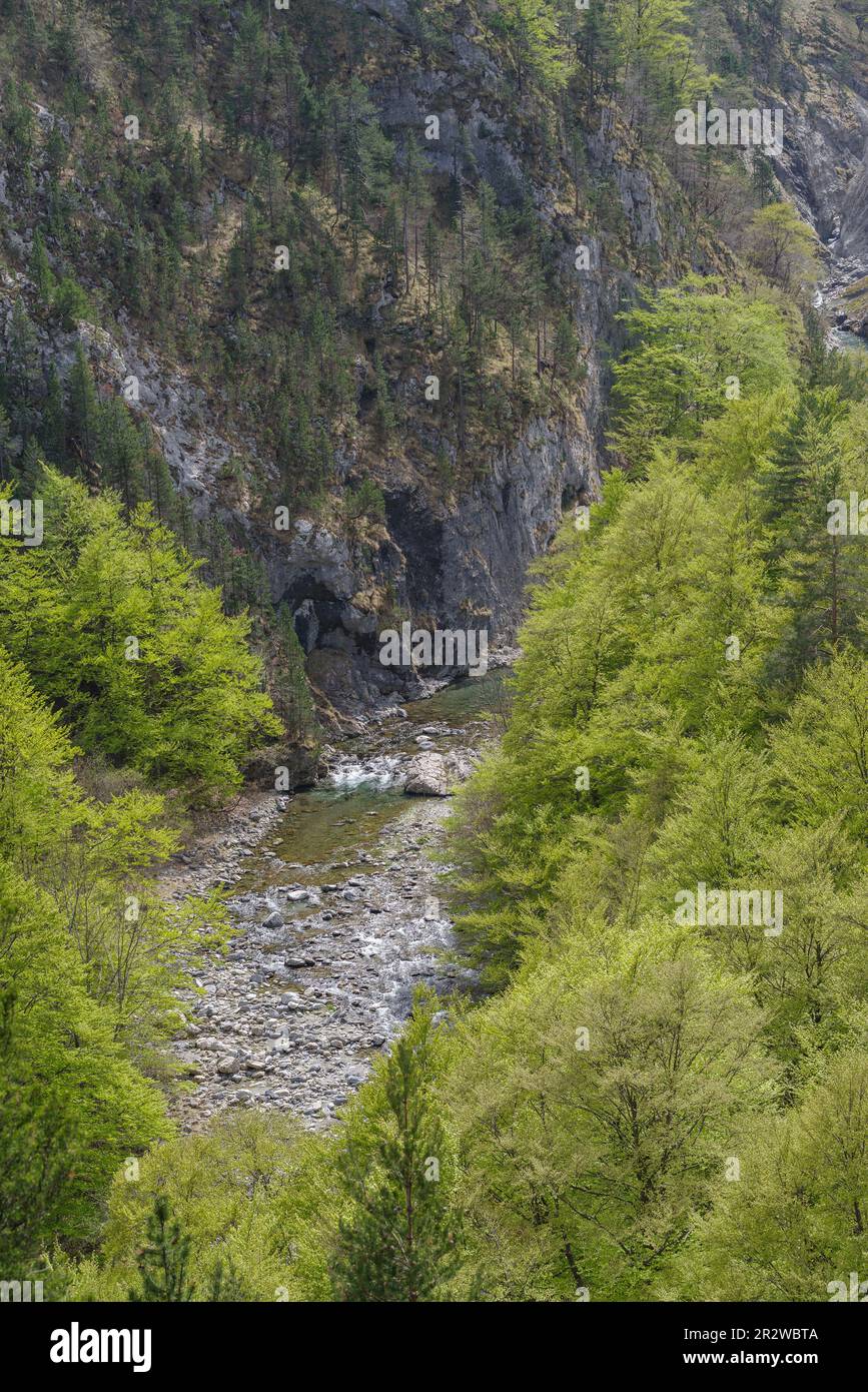 Der Tanaro, Piemont, Provinz Cuneo, Italien, bildet einen erhöhten Blick auf den Bergbach Negrone, der sich in den ligurischen Alpen erhebt Stockfoto