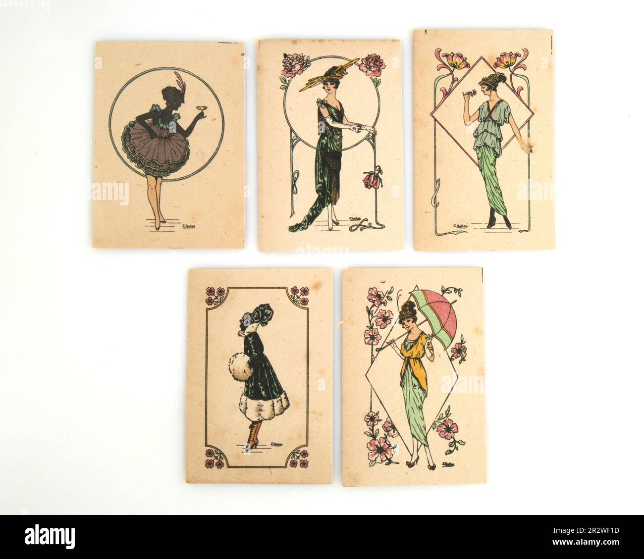5 originale 1920-30s bedruckte Art Deco Mode Parfüm Test Handelskarten Stockfoto