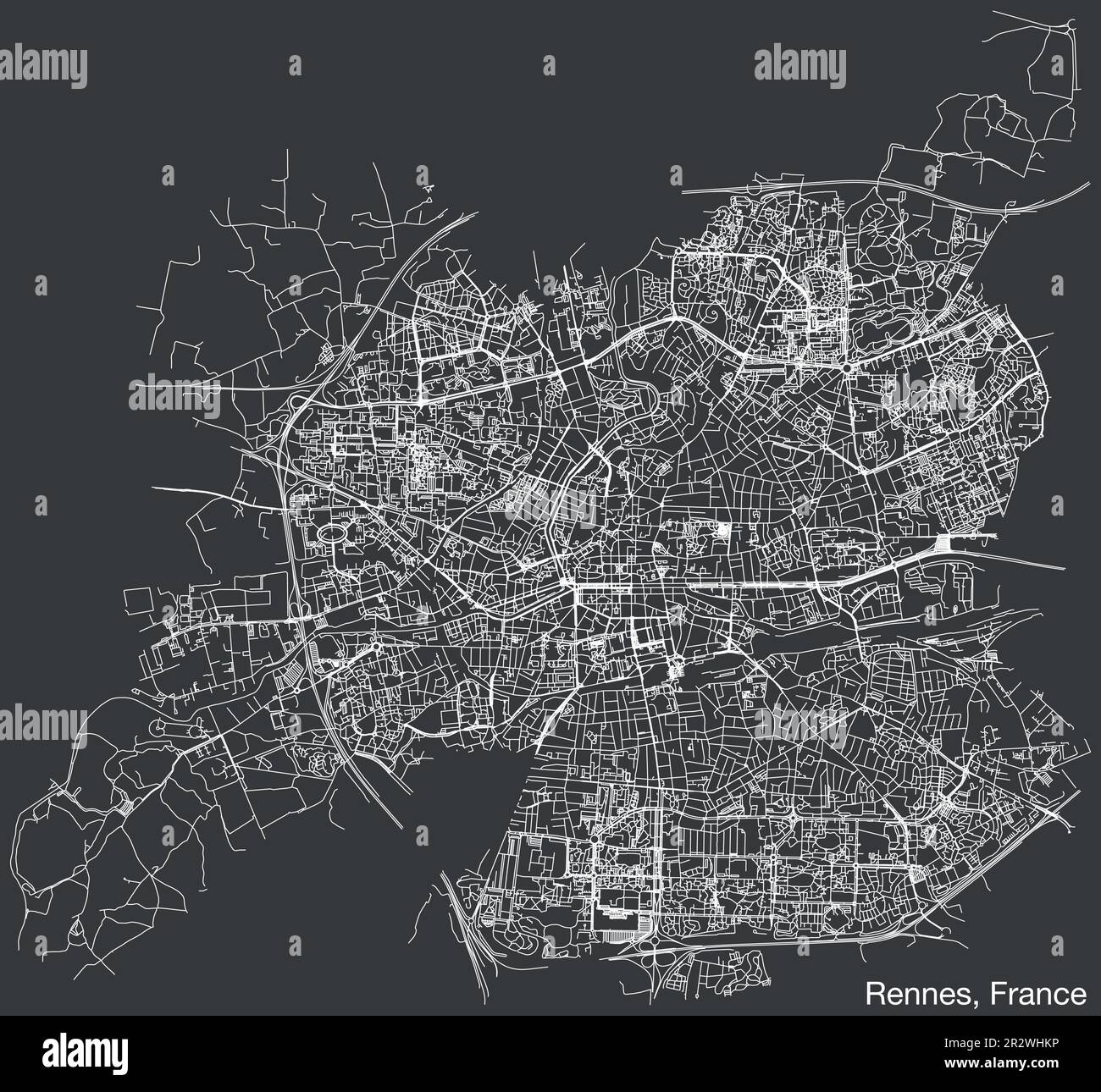 Detaillierte handgezeichnete Straßenkarte der französischen Stadt RENNES, FRANKREICH, mit soliden Straßenlinien und Namensschild auf altem Hintergrund Stock Vektor